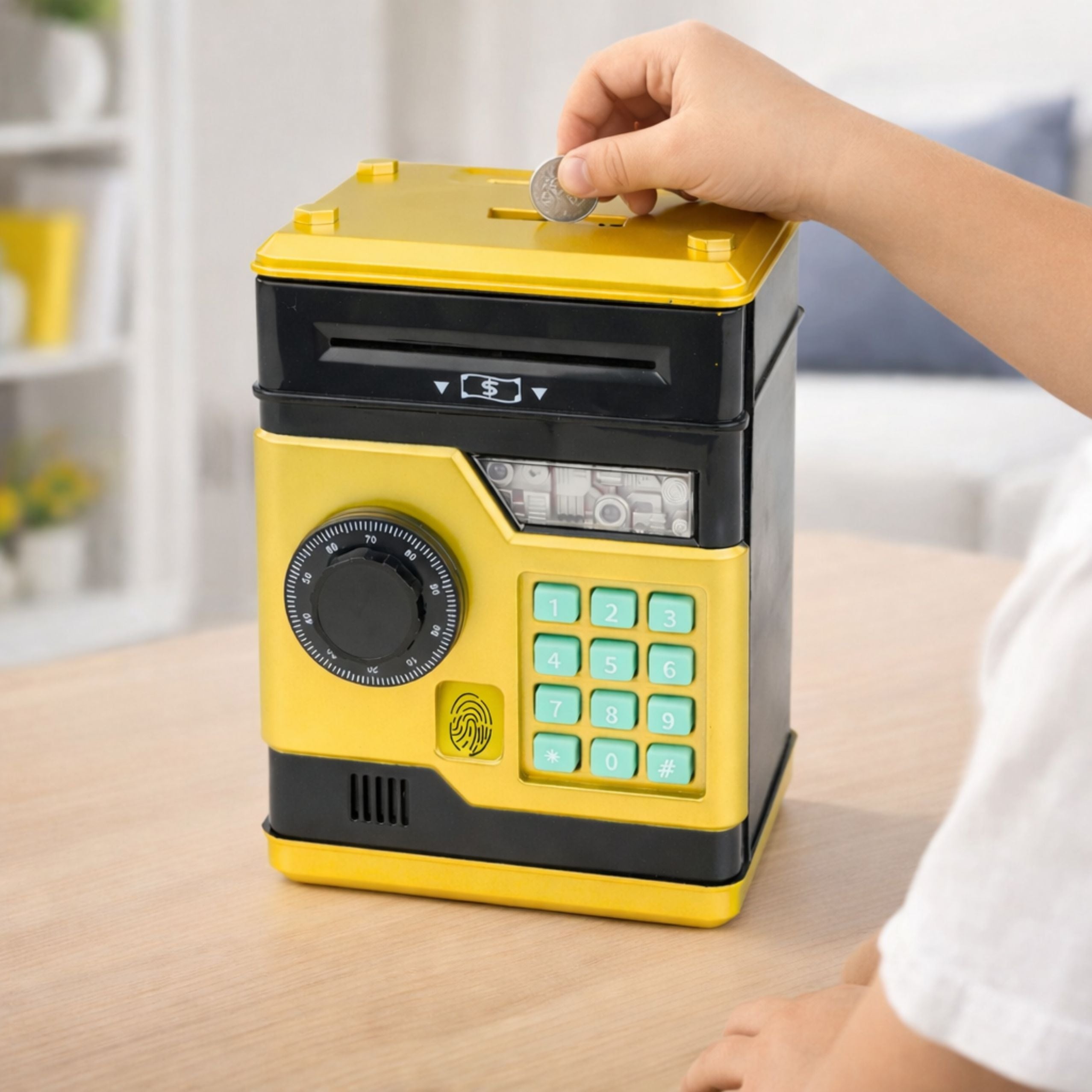 Atm Electronic Safe Piggy Bank Lights Sounds Pin Code Gold