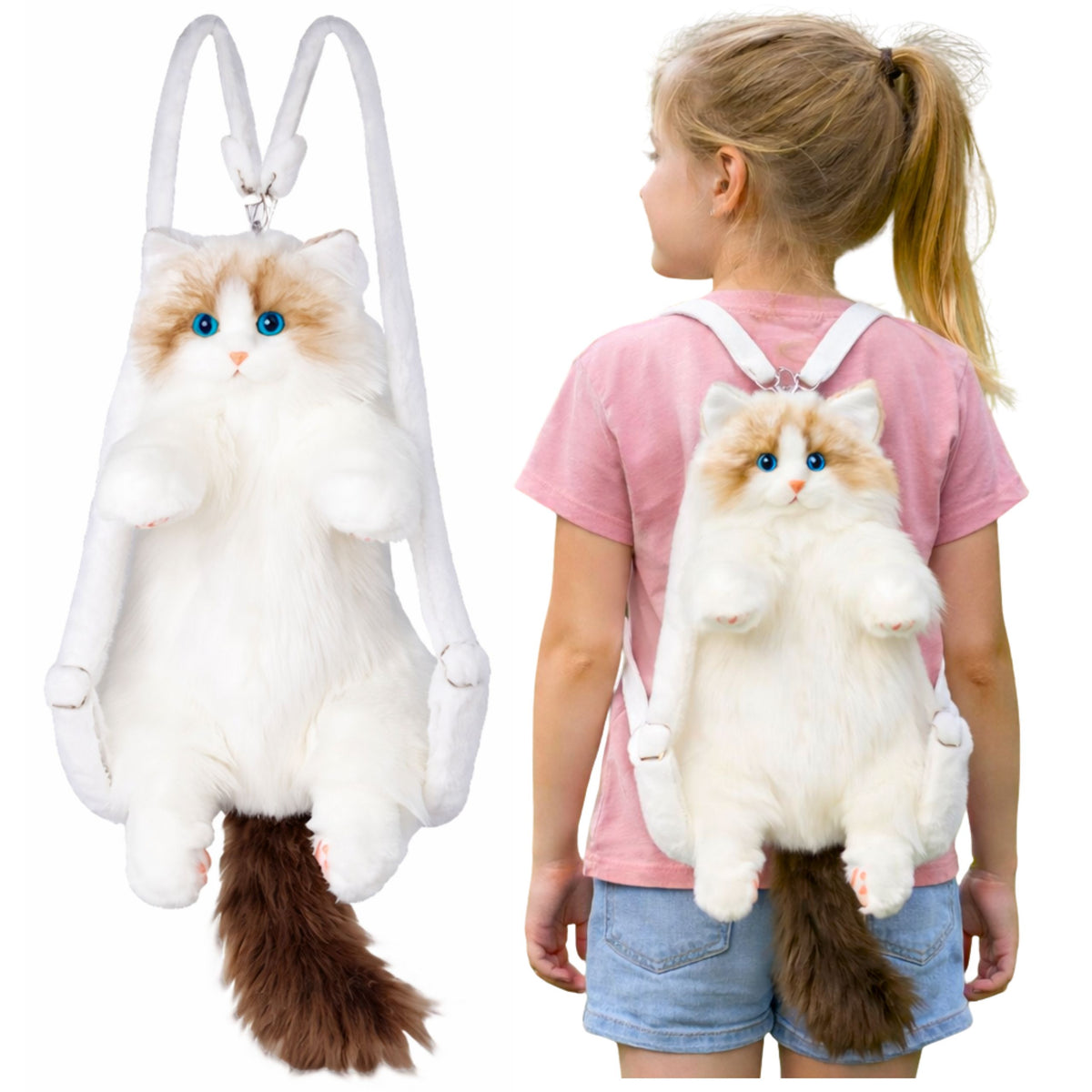 Mochila Gato de Pelúcia Mascote Alças Ajustáveis Patas de Silicone Branco 50cm