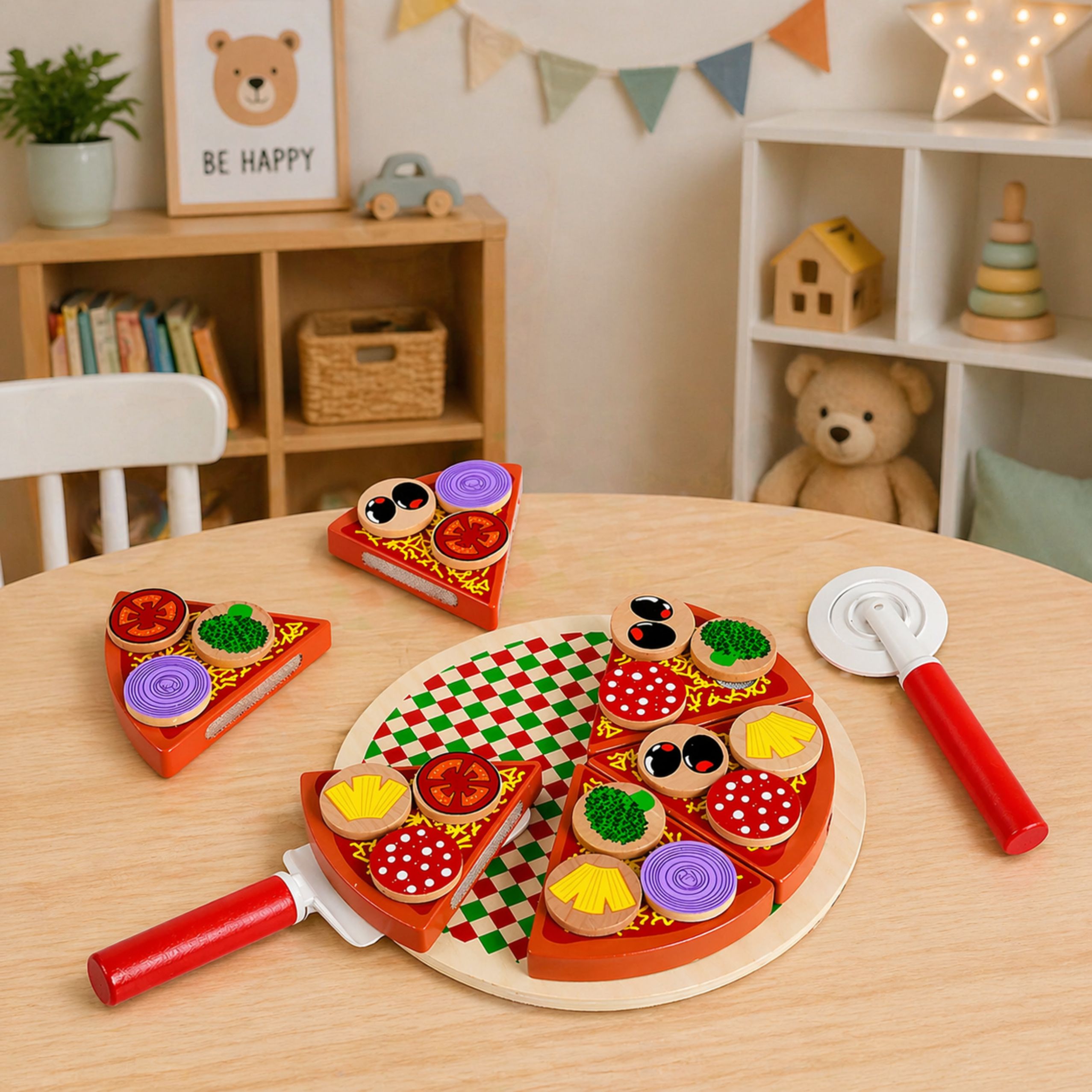 Wooden Pizza Cutting Set With Velcro Wheel And Cutting Board