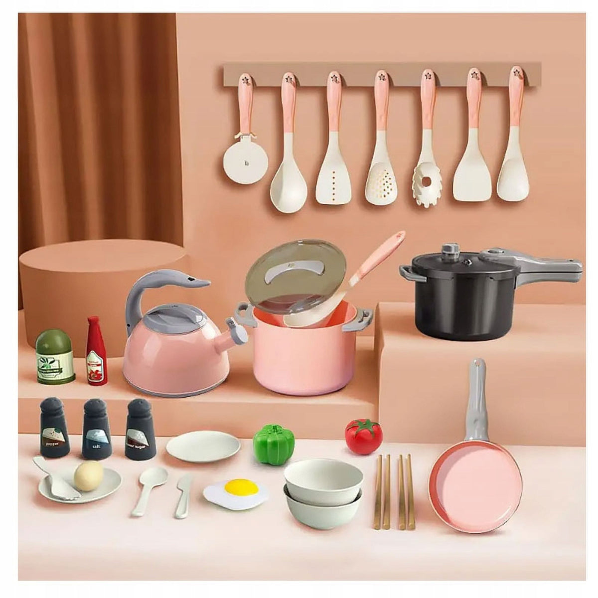 Set Bucatarie Oale Accesorii Gatit Alimente Roz 32 Buc.