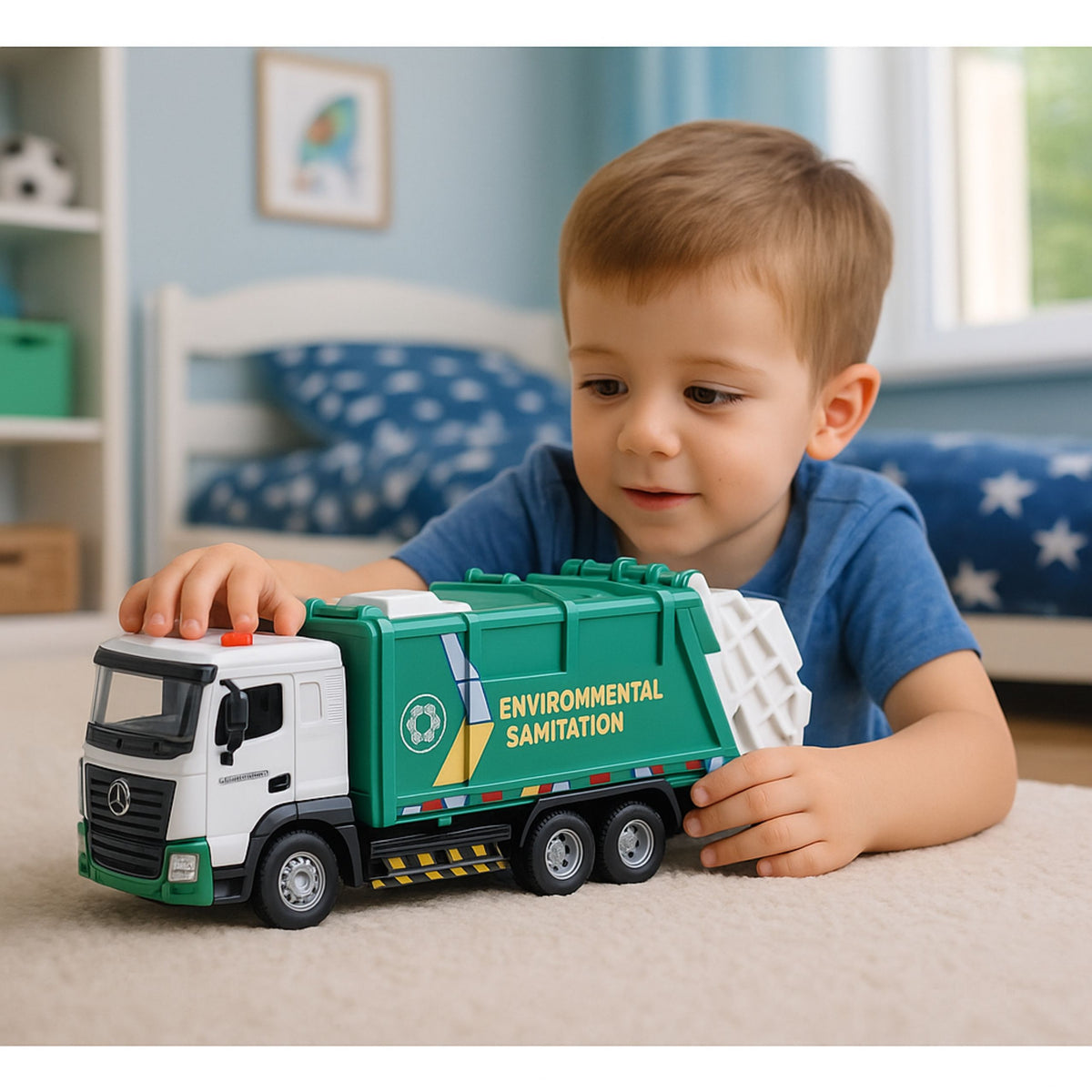 Les lumières de la poubelle de cabine en métal pour enfants de camion à ordures sonnent vert