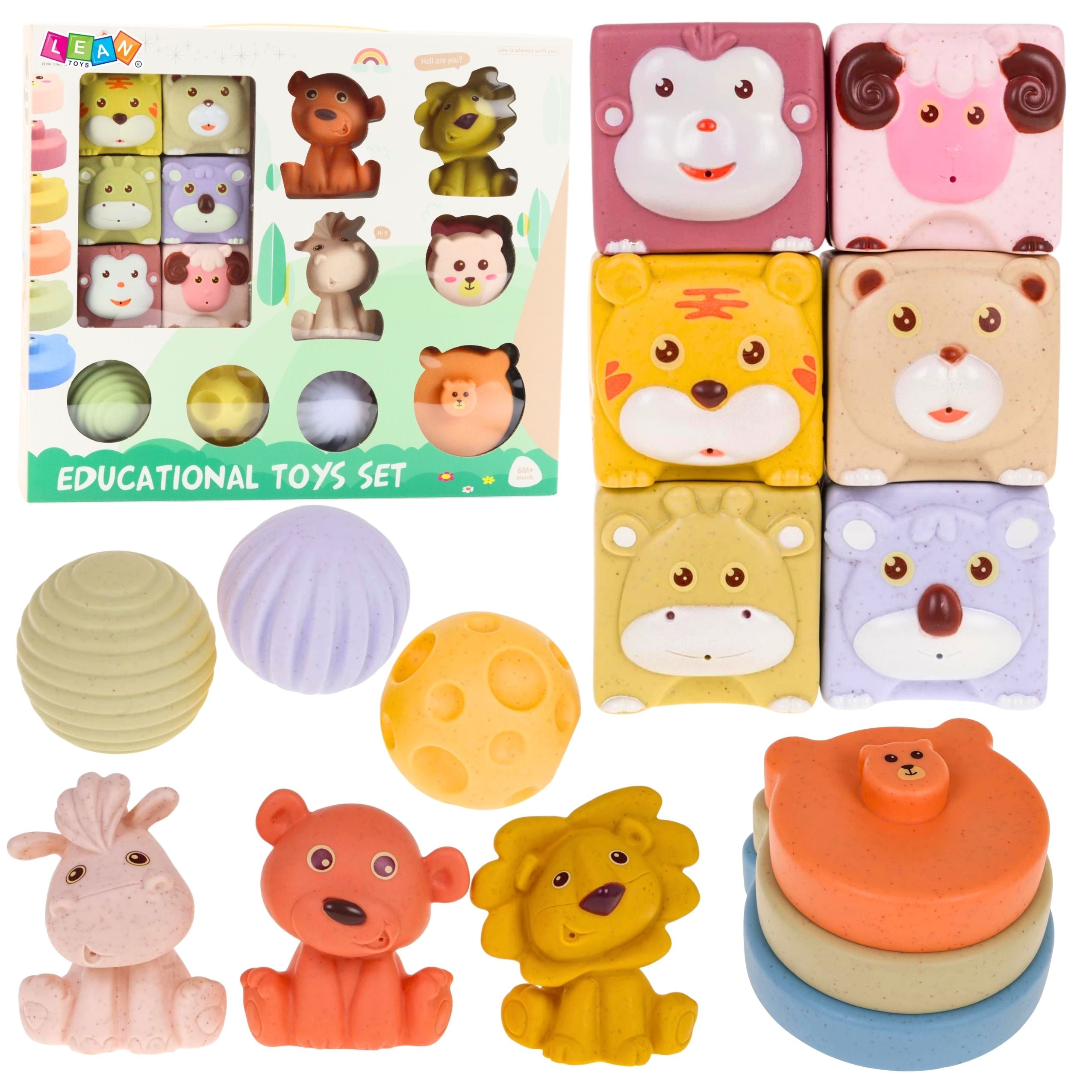 Set Of Soft Sensory Educational Eco Blocks Rubber Animals 18 Pcs.