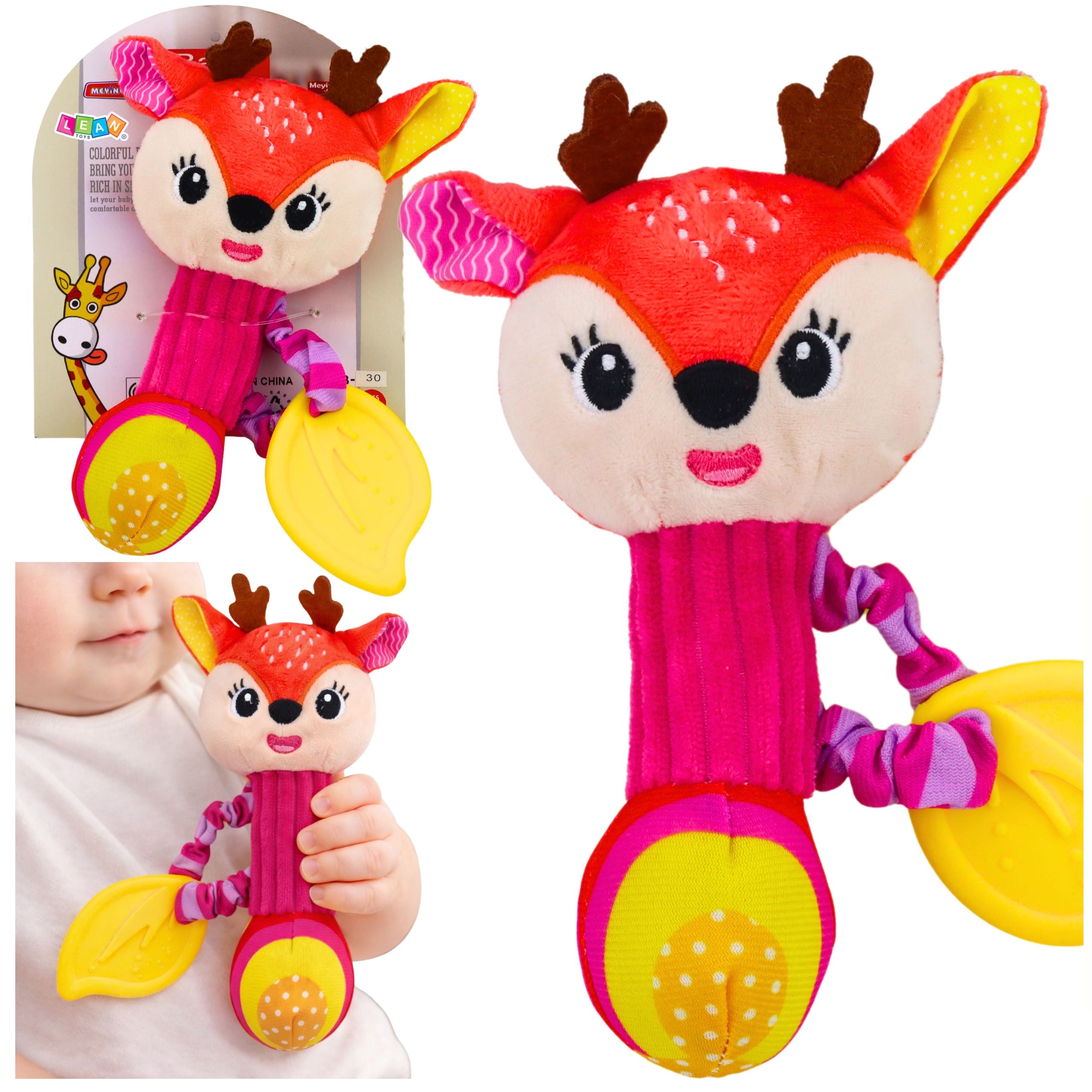 Plush Deer Rattle With Teether And Squeaker For Babies