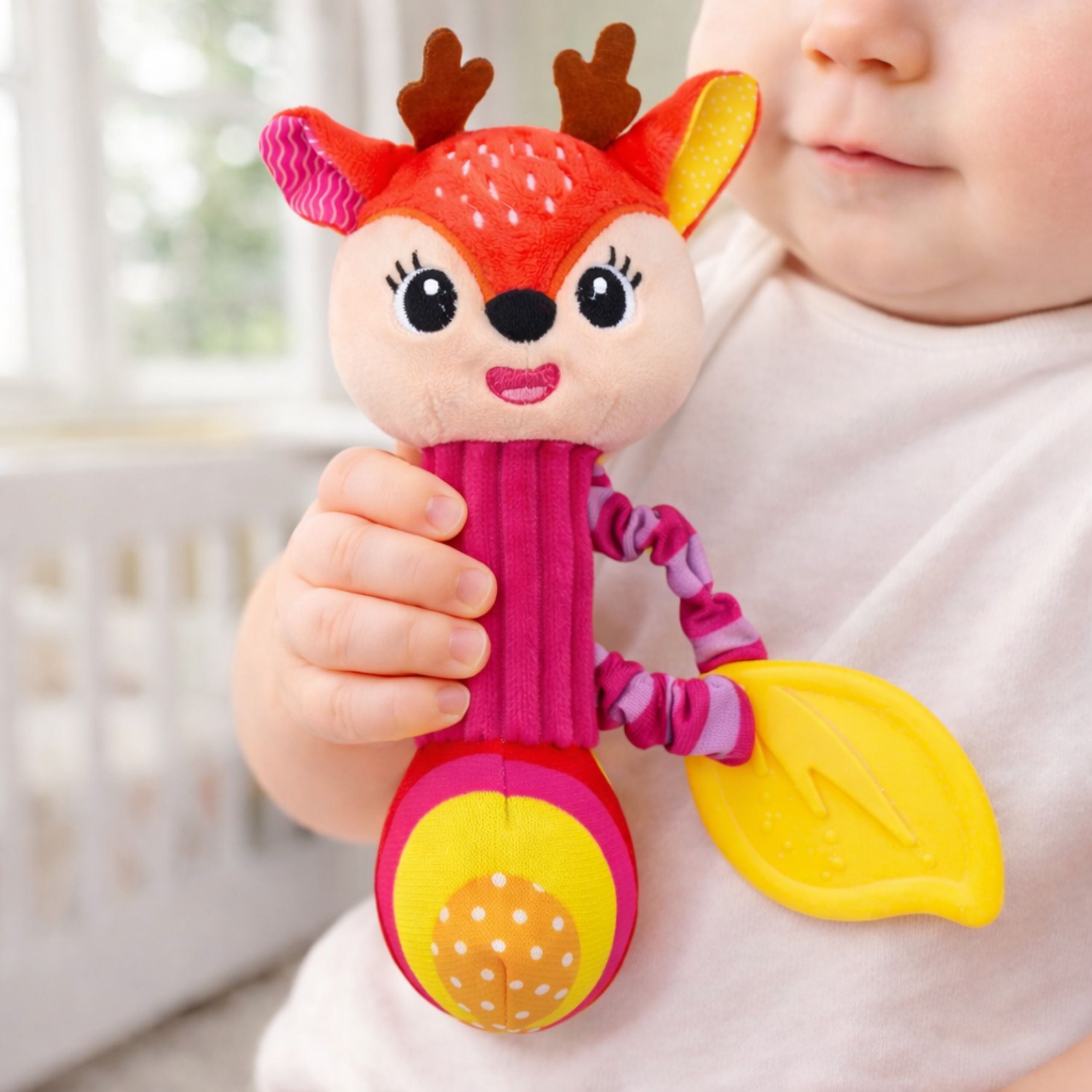 Plush Deer Rattle With Teether And Squeaker For Babies