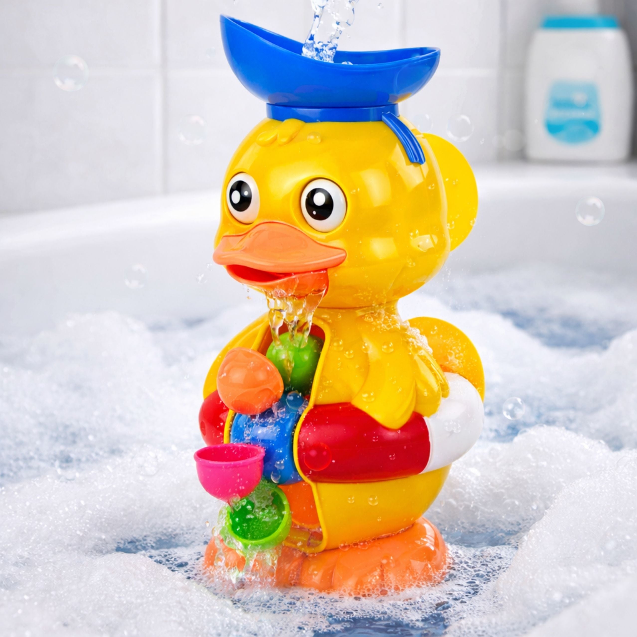 Interactive Bath Toy Duck With Grinder Suction Cups And Spoon