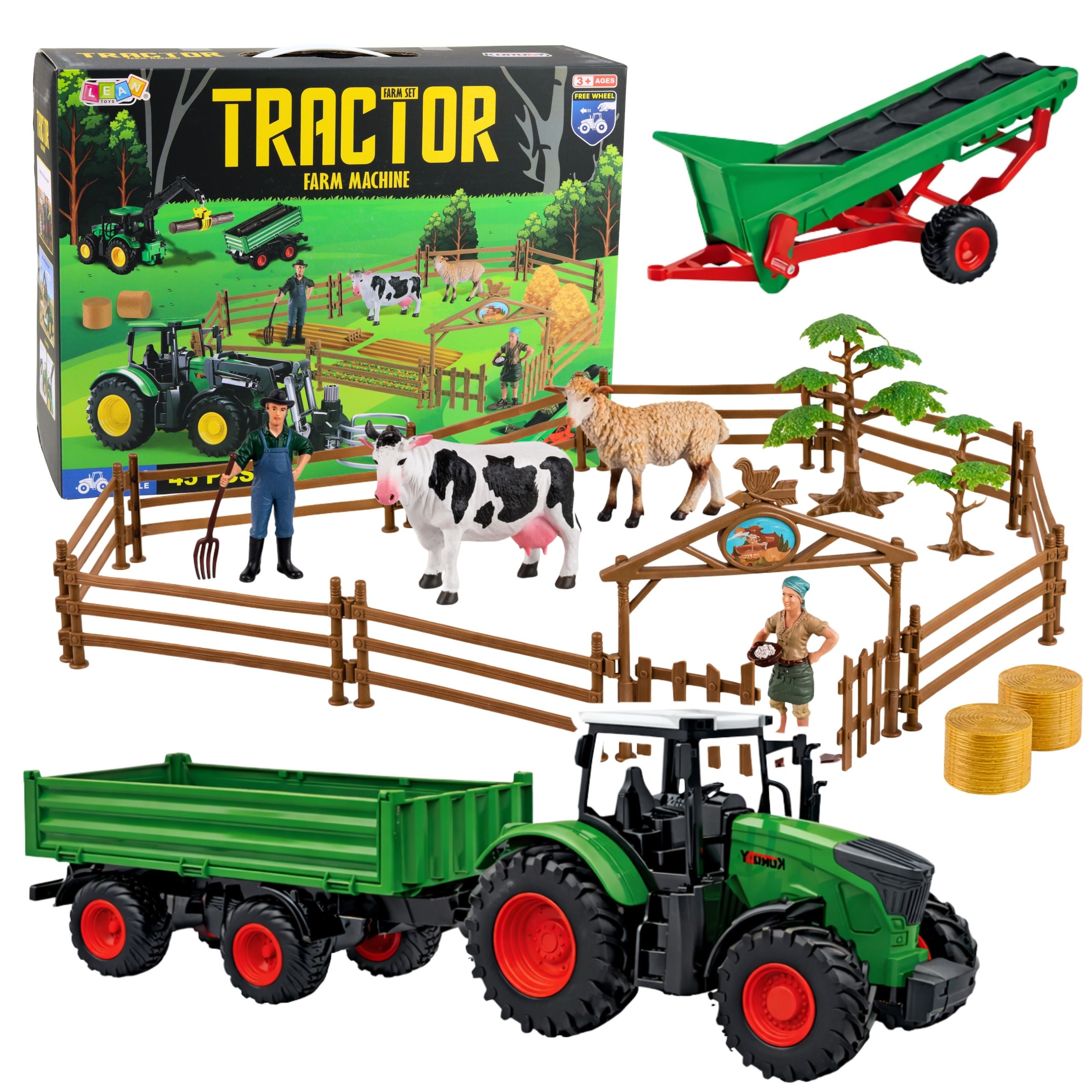 Agricultural Set Tractor With Trailer Animals Farmers Farm 45 Pcs.
