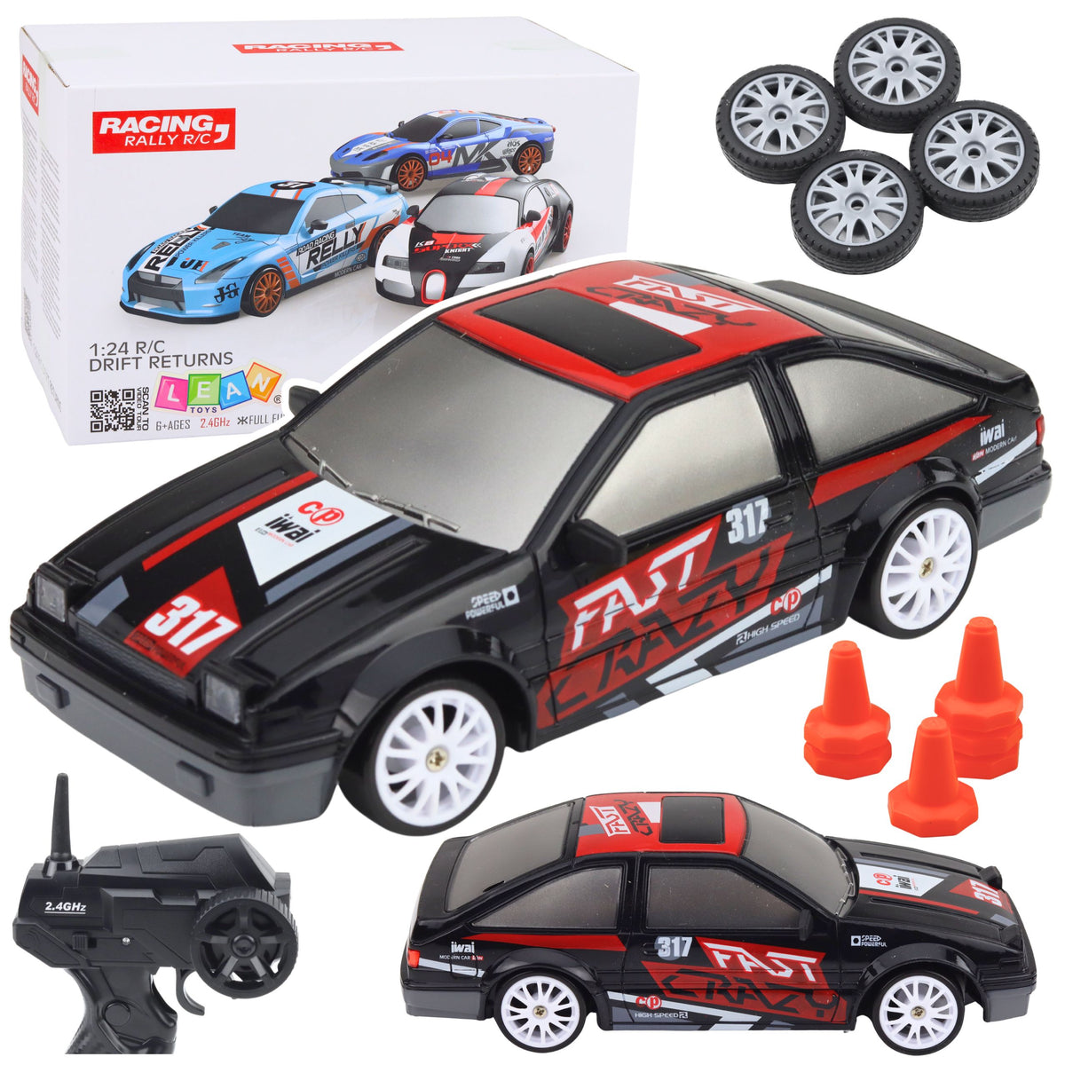 Rc Coupe Remote Control Drift Car With Interchangeable Wheels Black 1:24