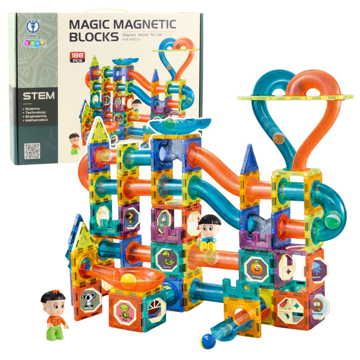 Set Of Magnetic Blocks Ball Track Slide Colorful 188 Pcs.