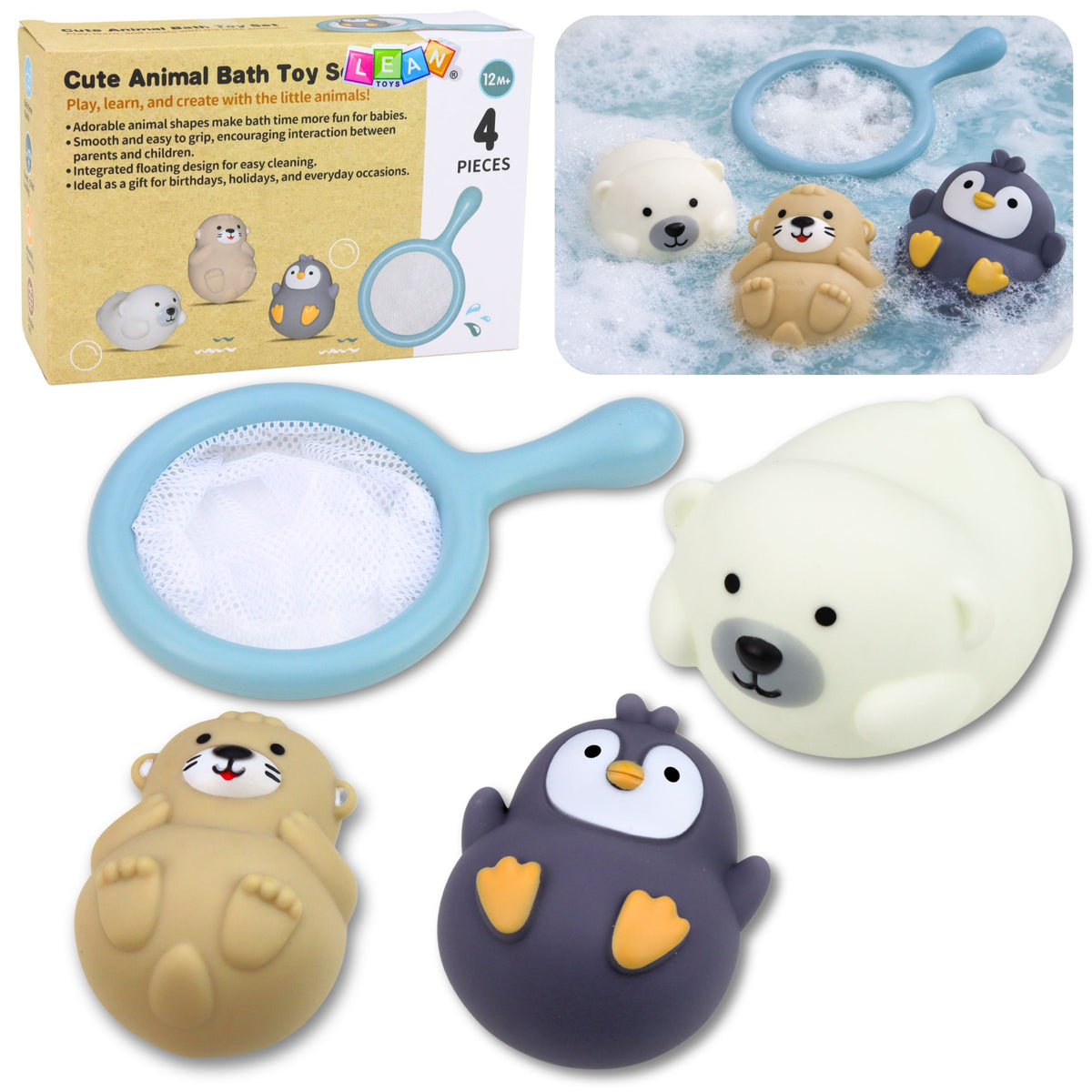 Bath Toys Set Fishing Rubber Animals Pastel Strainer 4 Pcs.