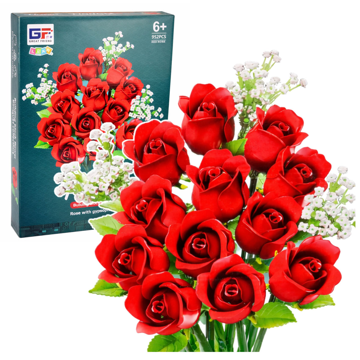 Construction Blocks Flower Bouquet Red Roses Gypsophila 952 Pcs.