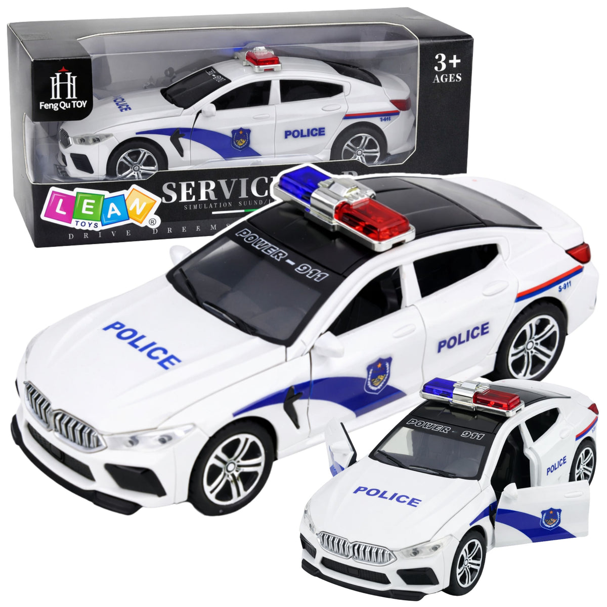 Le luci motorizzate delle porte di apertura dell'auto della polizia suonano bianche
