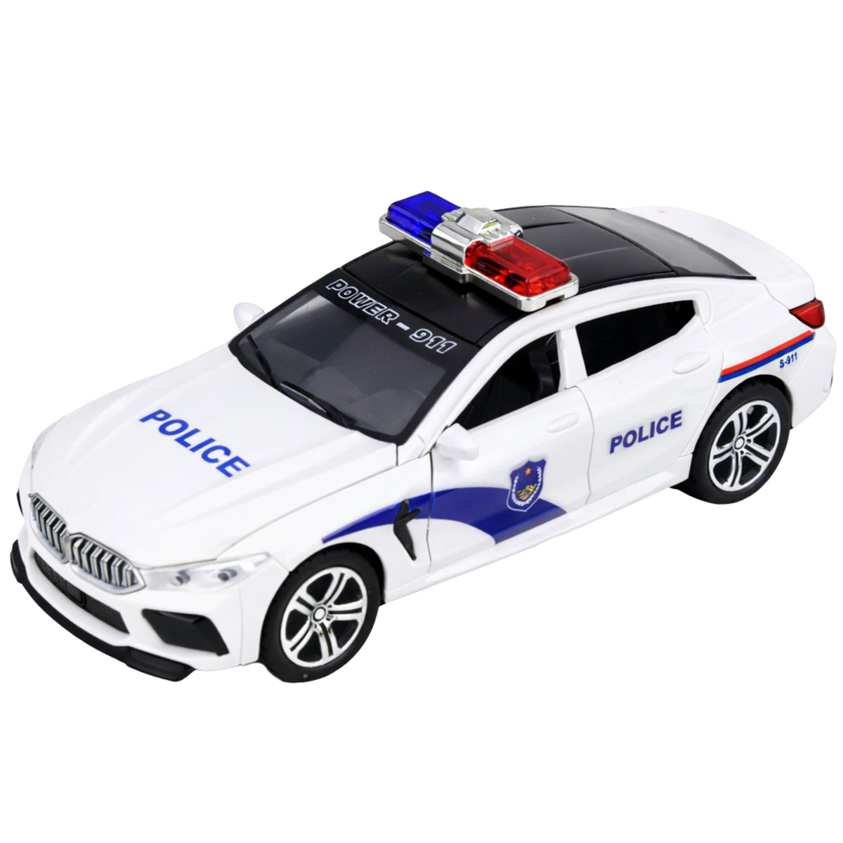 Le luci motorizzate delle porte di apertura dell'auto della polizia suonano bianche