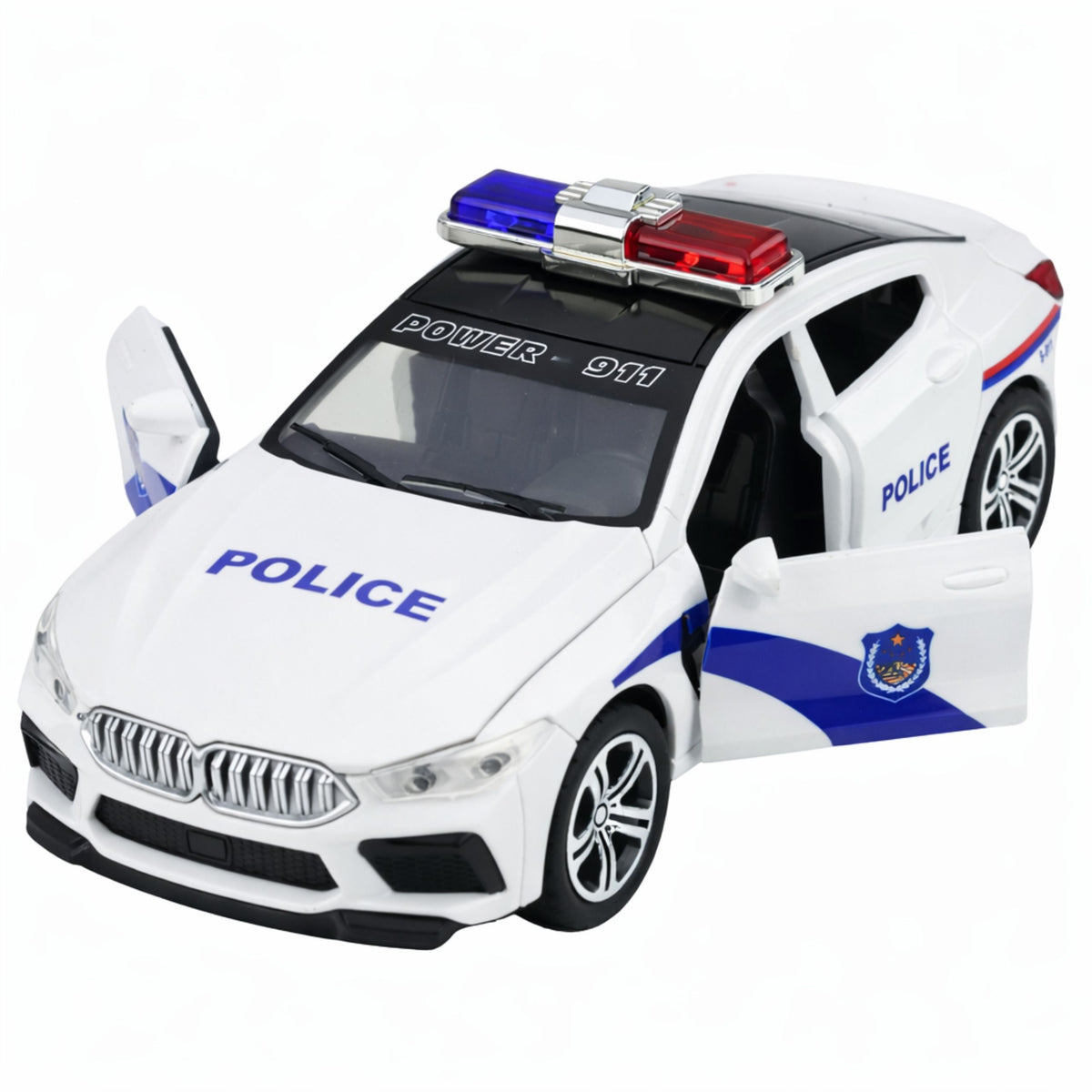 Le luci motorizzate delle porte di apertura dell'auto della polizia suonano bianche