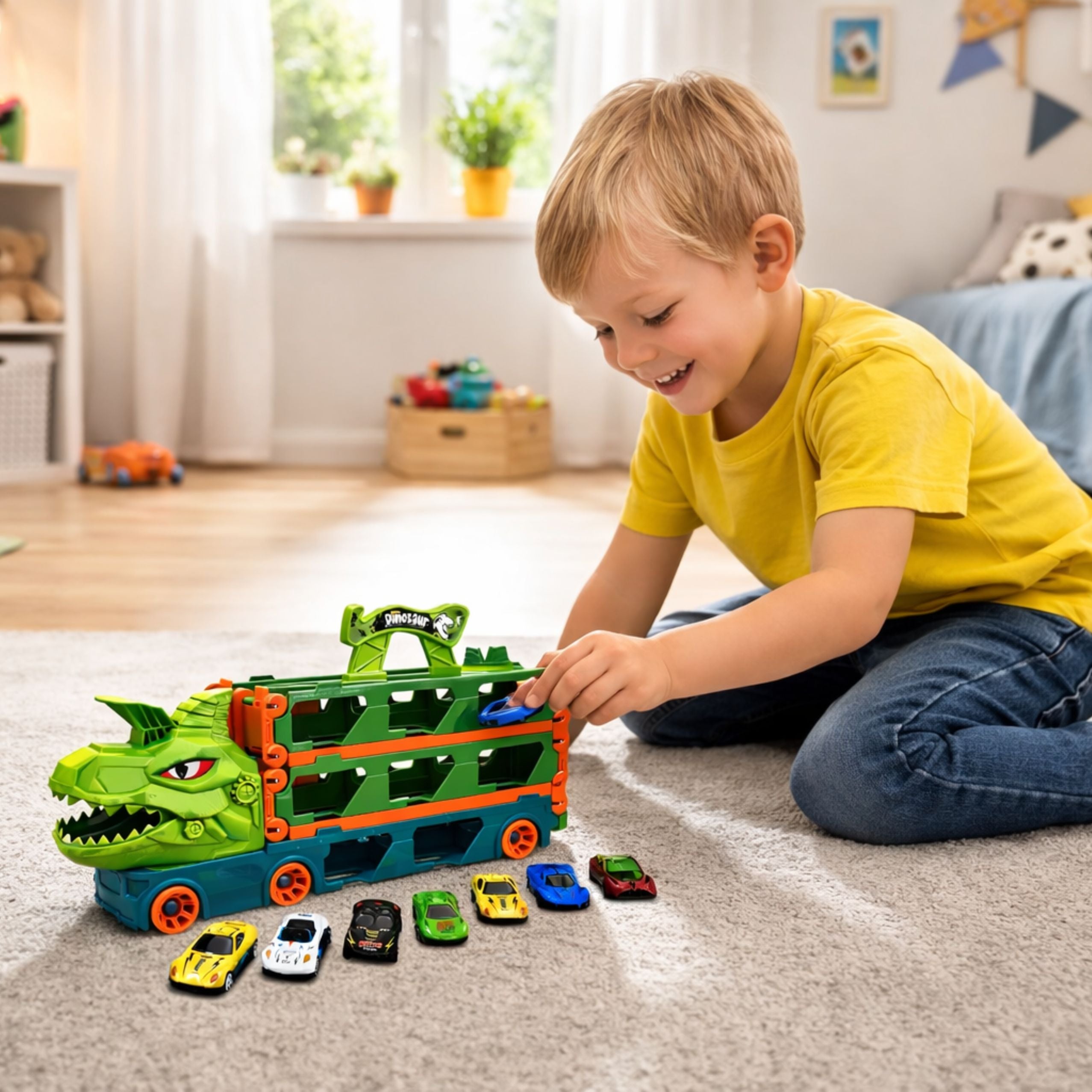 Dinosaur Truck With Springs Track For Cars Transporter Launcher 4in1