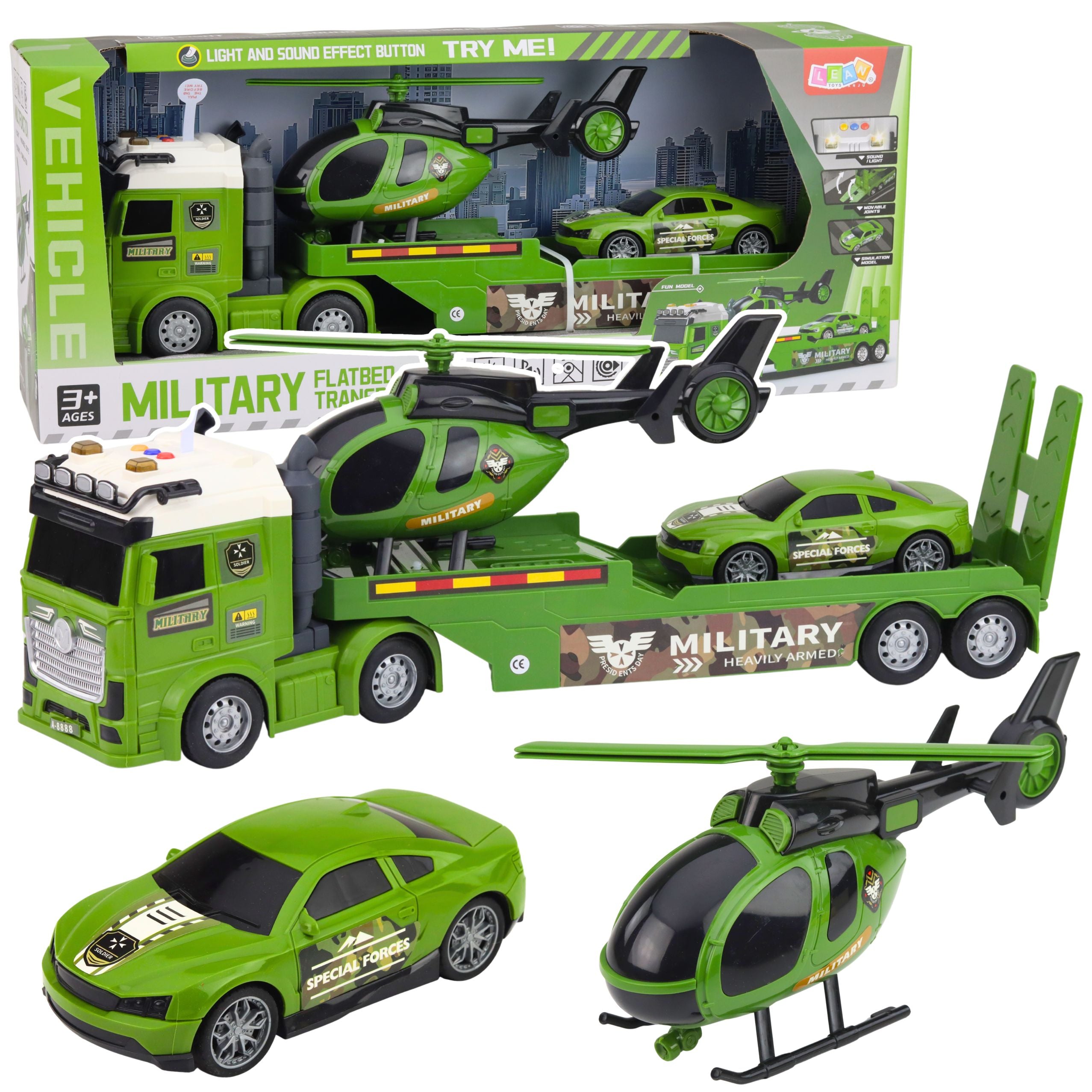 Military Set Military Truck Tow Truck Car Helicopter Lights Sound