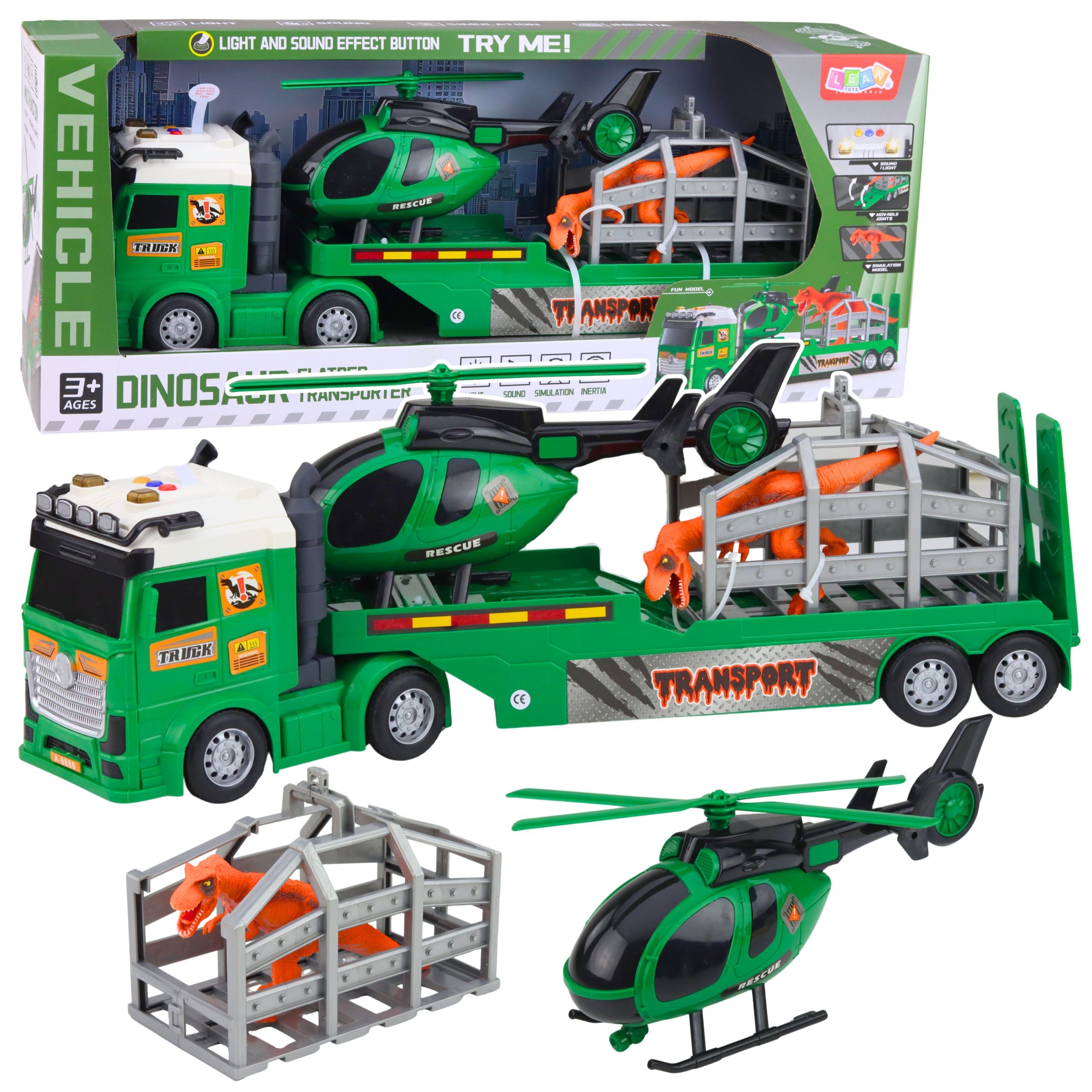 Dinosaur Transport Set: Truck Tow Truck Helicopter Lights Sound