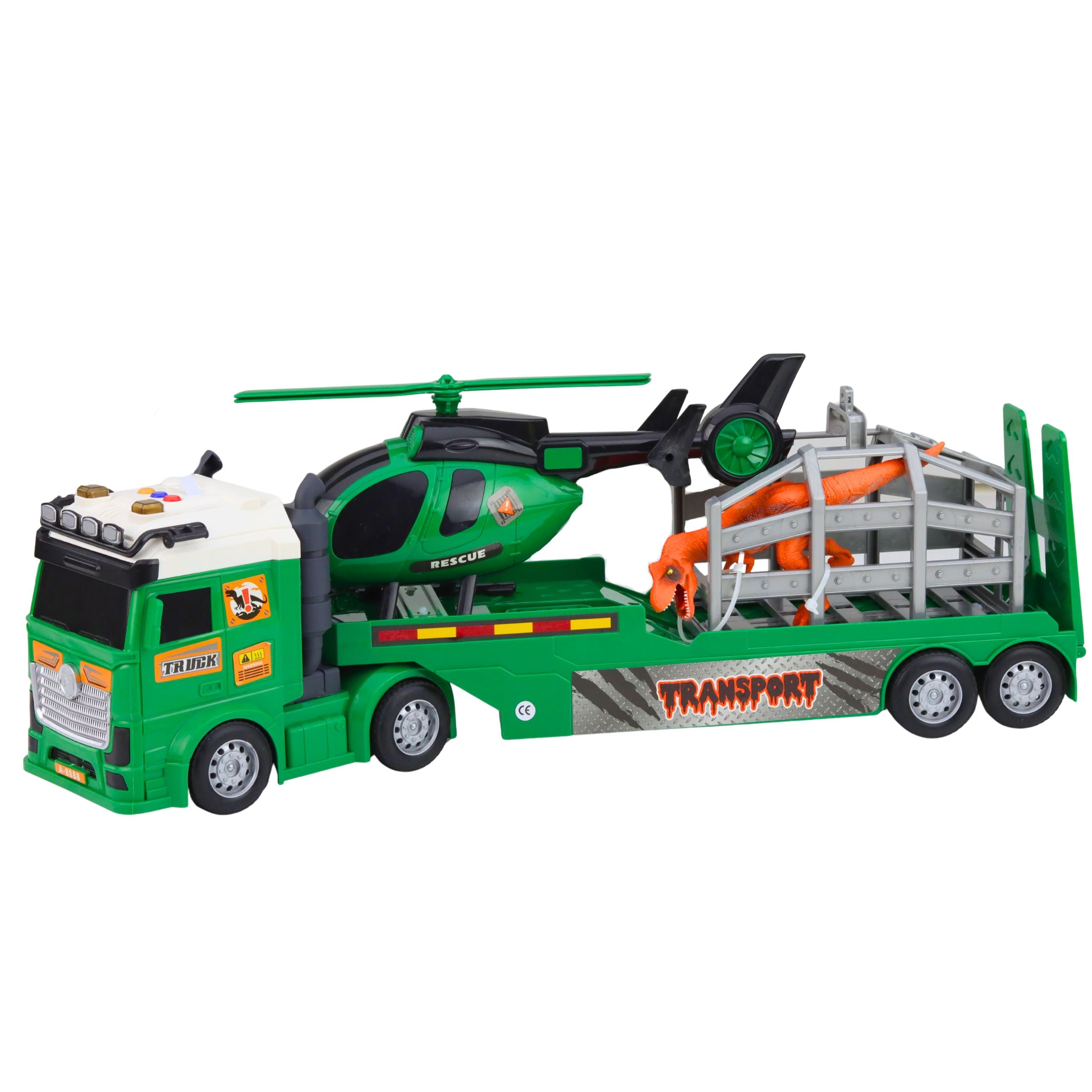 Dinosaur Transport Set: Truck Tow Truck Helicopter Lights Sound