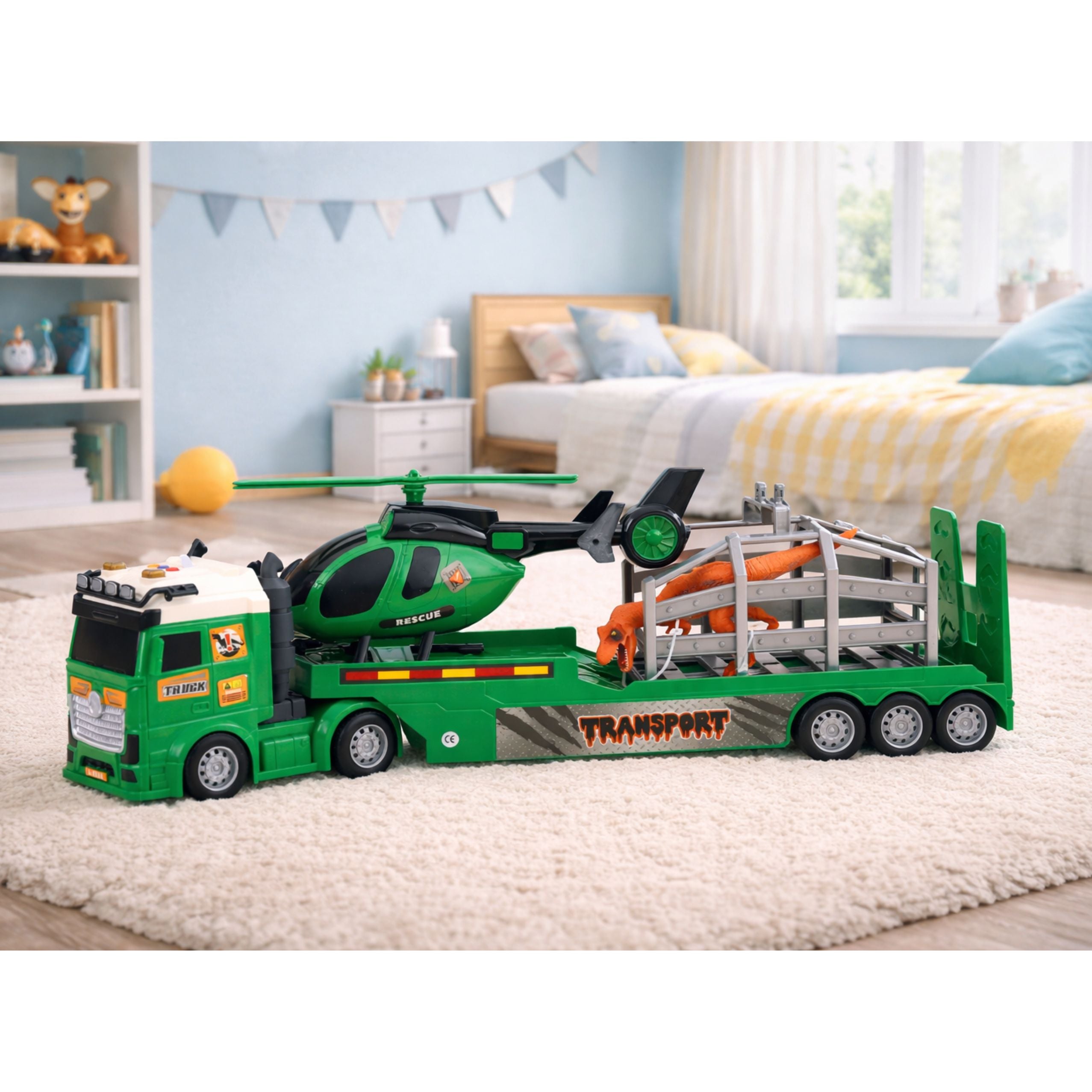 Dinosaur Transport Set: Truck Tow Truck Helicopter Lights Sound