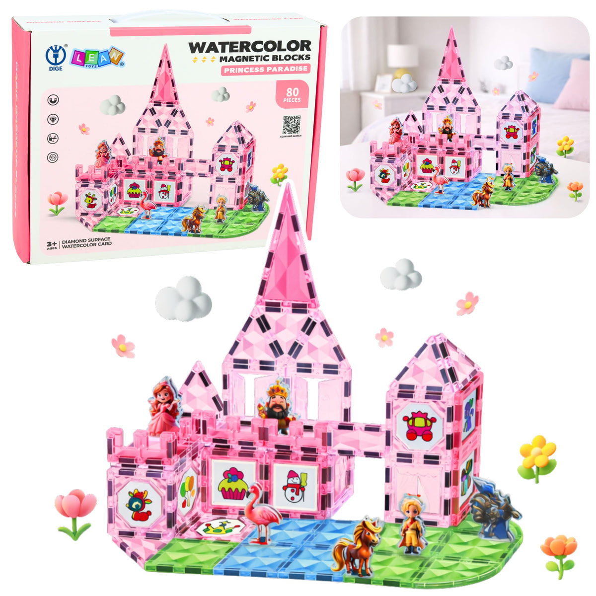 Magnetic Blocks With Figures Paints Cards For Painting Pink 80 Pcs.