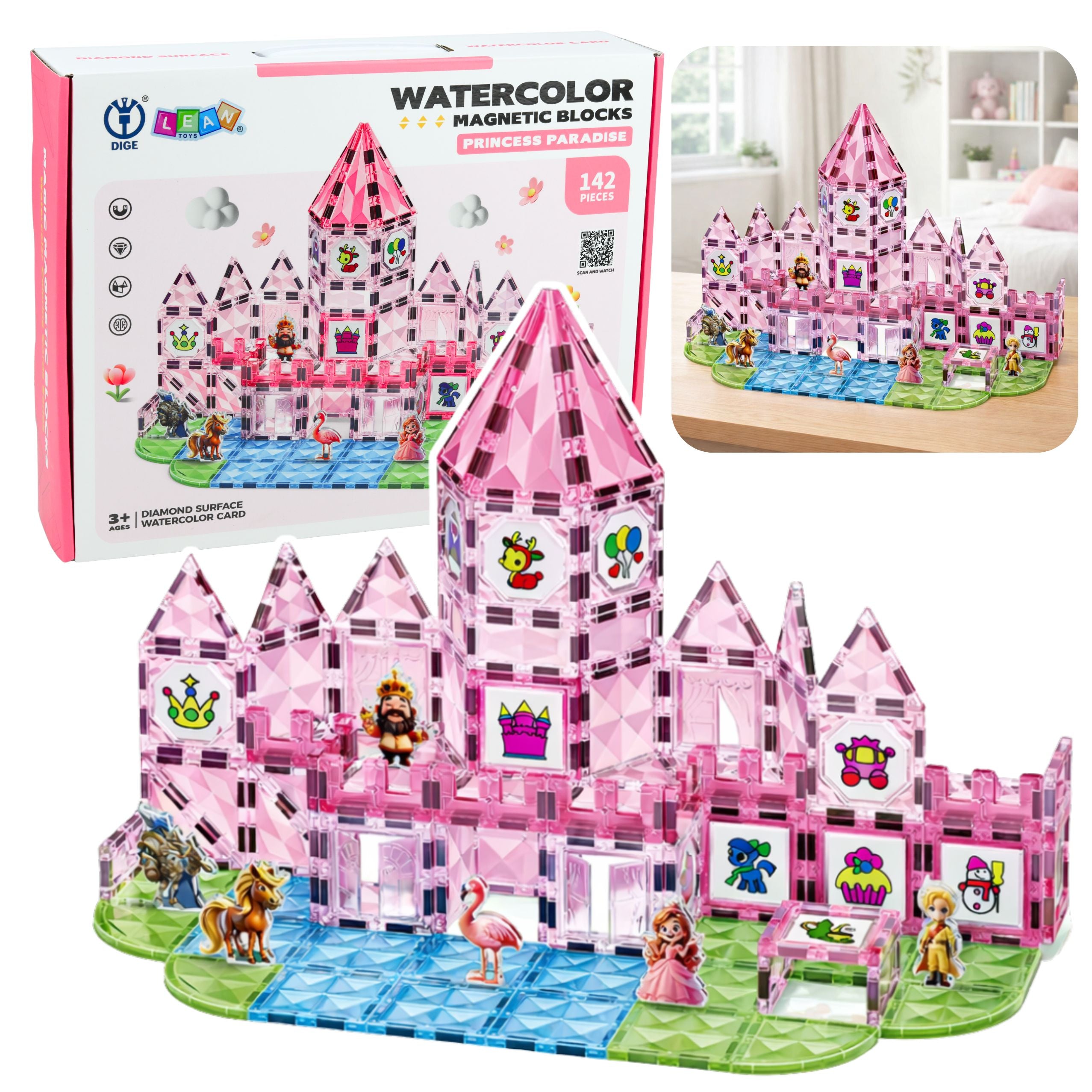 Magnetic Blocks With Figures Paints Cards For Painting Pink 142 Pcs.