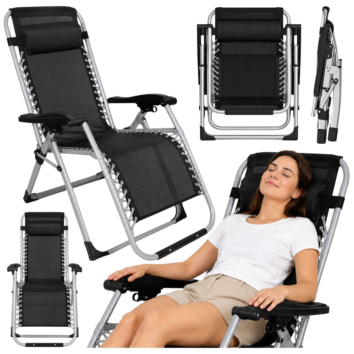 Folding Garden Beach Deckchair With Table And Headrest Steel Anthracite
