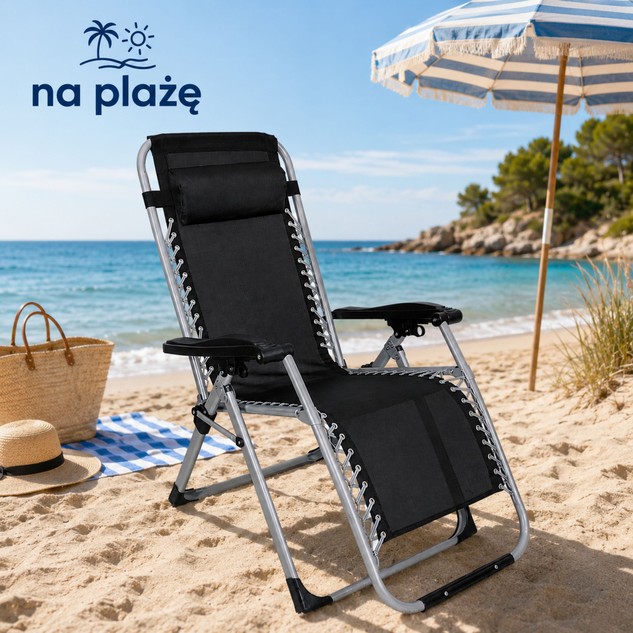Folding Garden Beach Deckchair With Table And Headrest Steel Anthracite