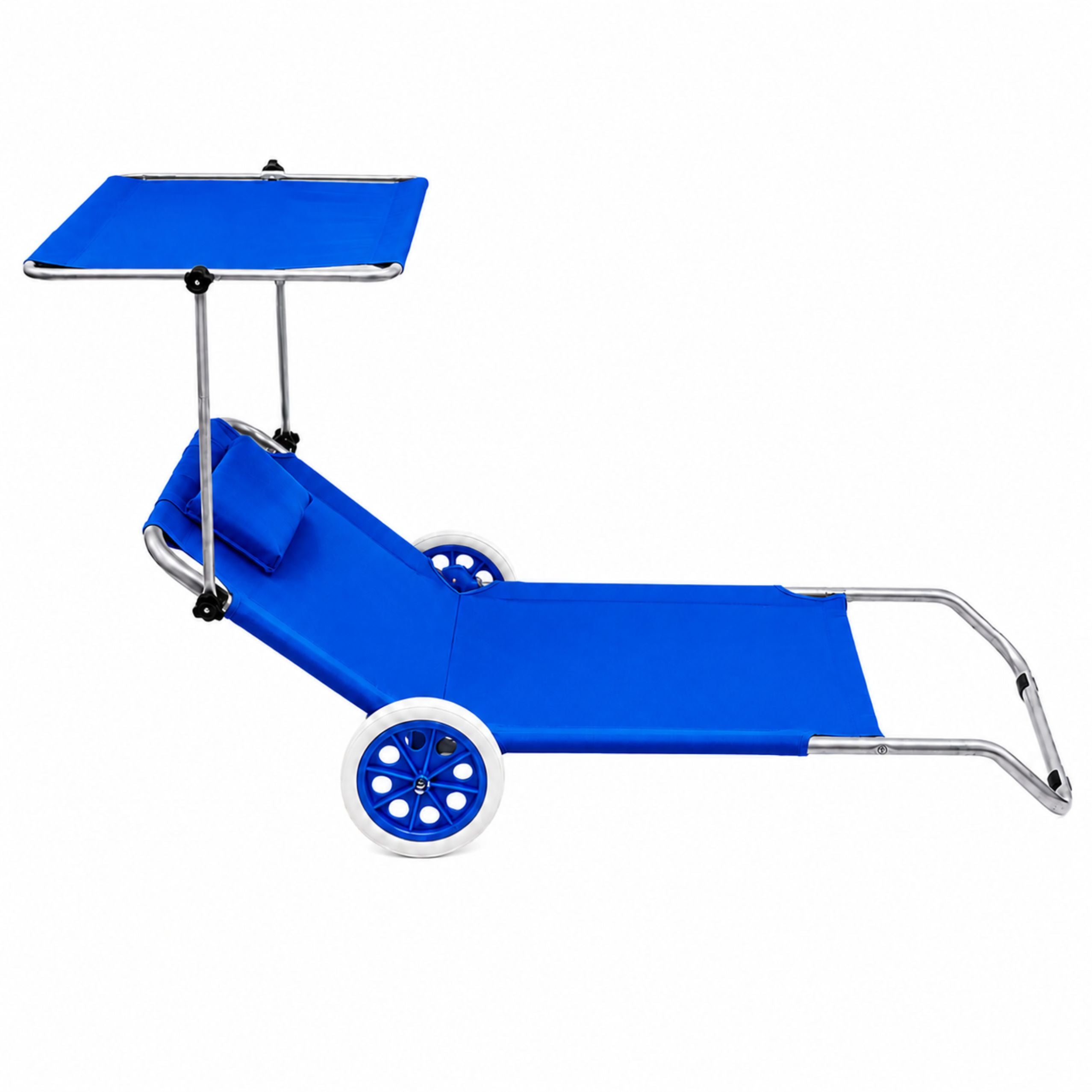 Folding Garden Beach Deckchair On Wheels With Canopy Metal Blue