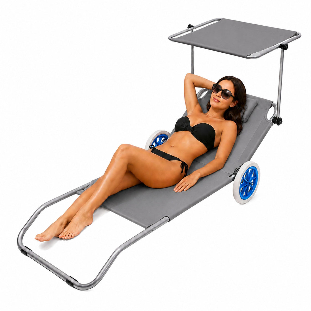 Garden Beach Deckchair On Wheels With Folding Canopy Metal Gray