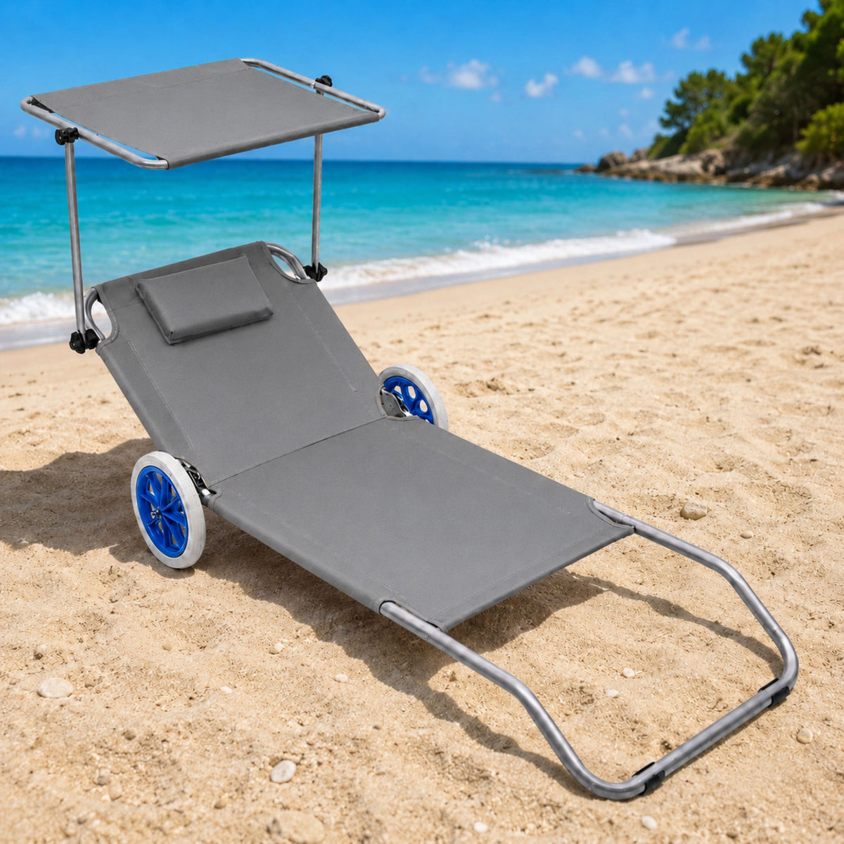 Garden Beach Deckchair On Wheels With Folding Canopy Metal Gray