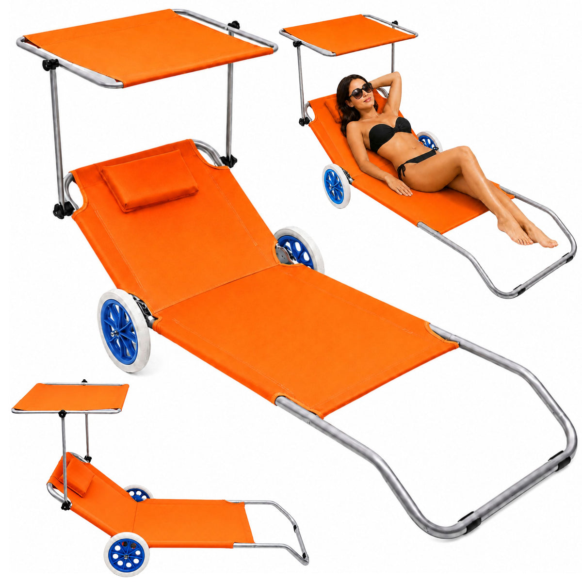 Beach Deckchair On Wheels Garden Folding Canopy Metal Orange