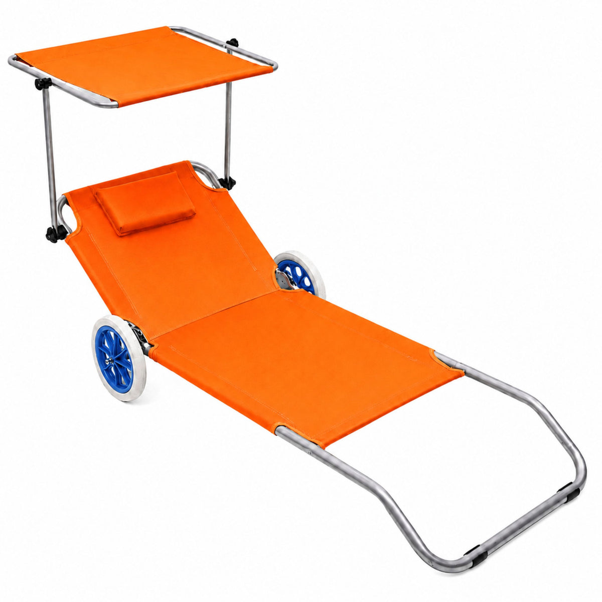 Beach Deckchair On Wheels Garden Folding Canopy Metal Orange