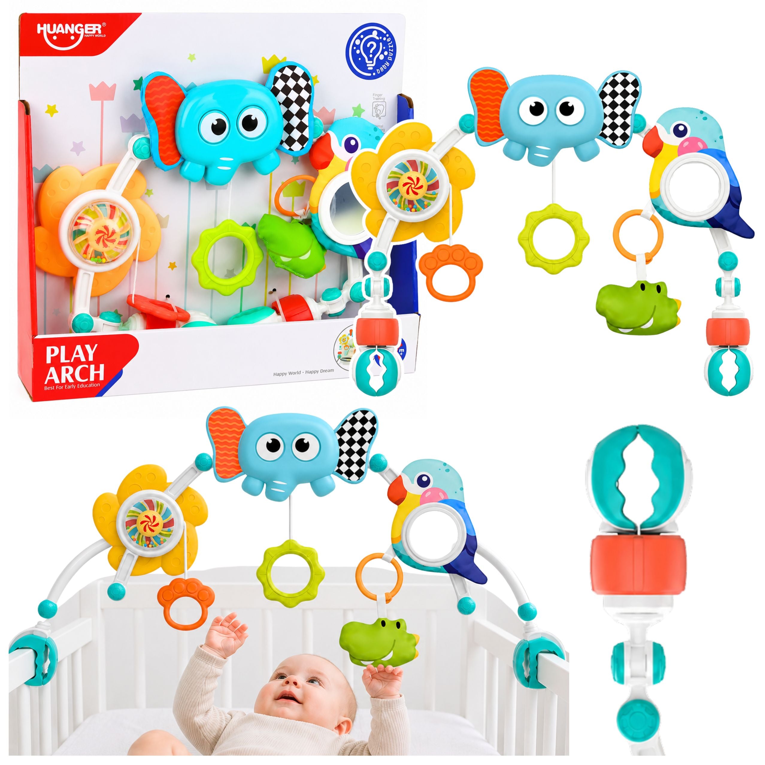 Sensory Arch With Elephant For Crib Car Seat Stroller Mirror Rattle