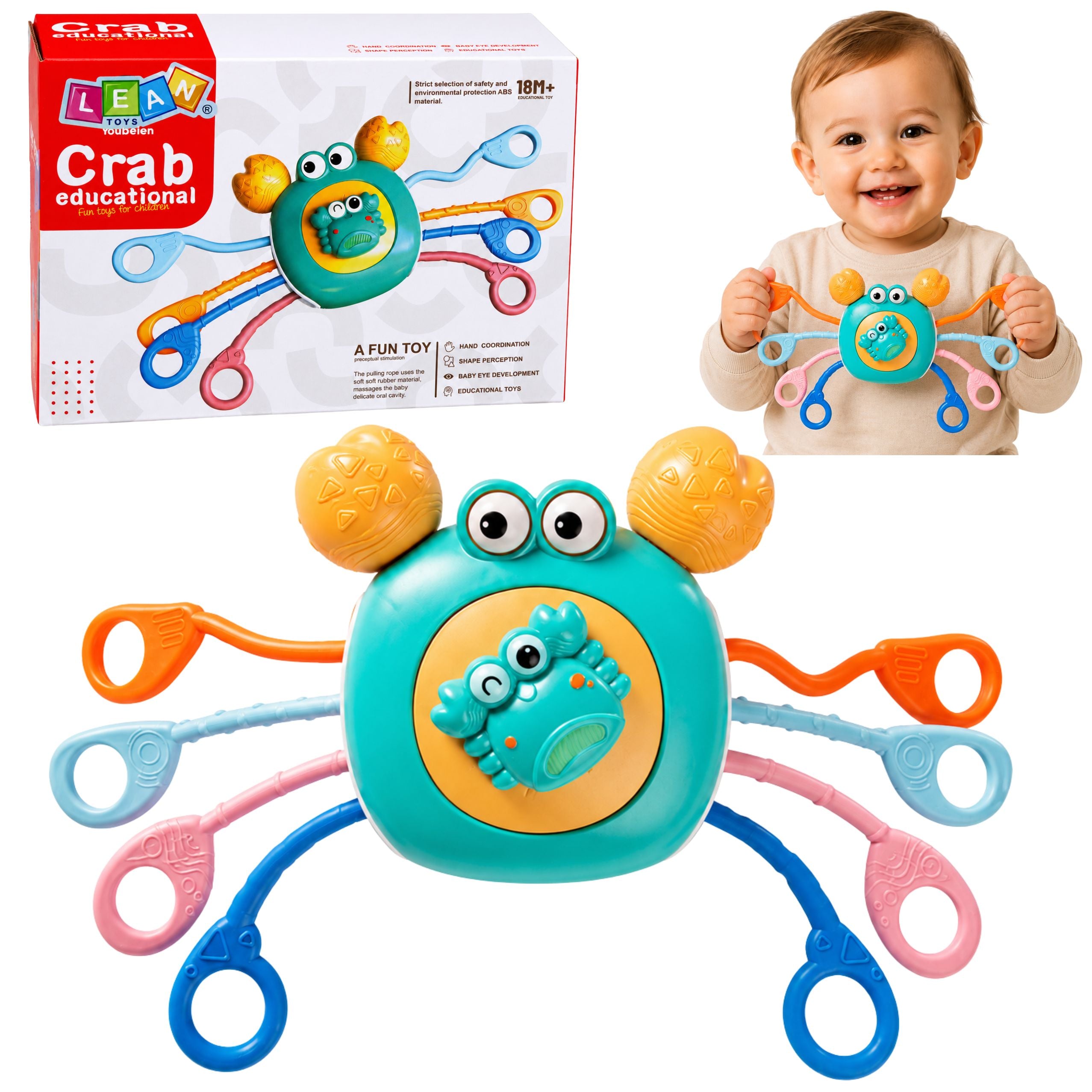 Crab Sensory Educational Toy For Toddlers Rattle Teether Blue