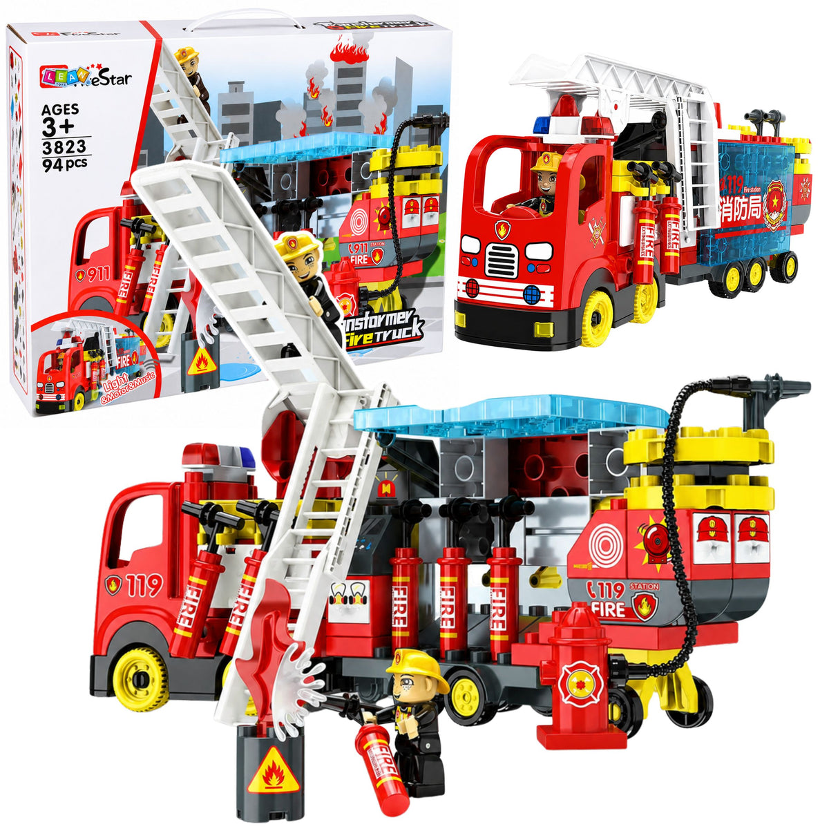 Bloques de camión de bomberos plegables Figuras de bomberos Luces Sonidos 94 piezas.