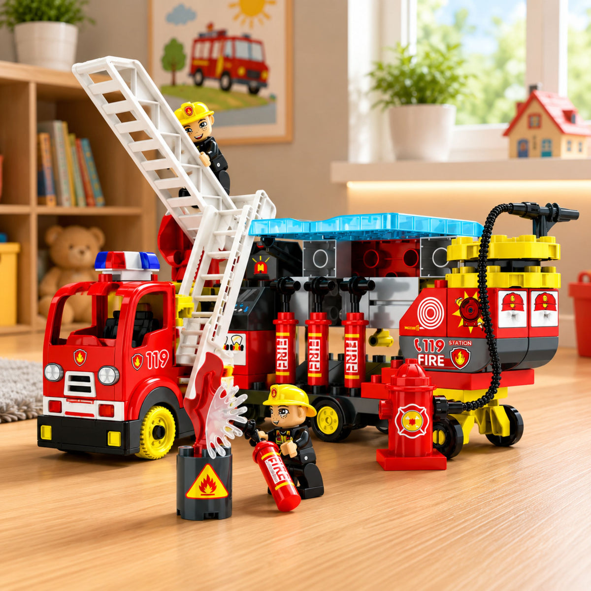 Bloques de camión de bomberos plegables Figuras de bomberos Luces Sonidos 94 piezas.