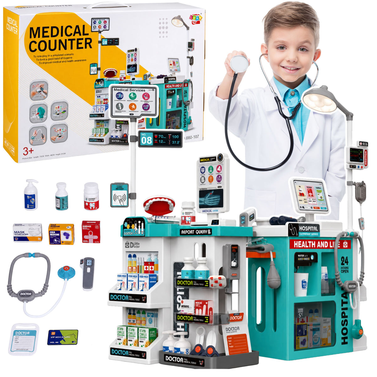 Grote medische set medische tafel dokter verlichting geluiden accessoires 77-delig.