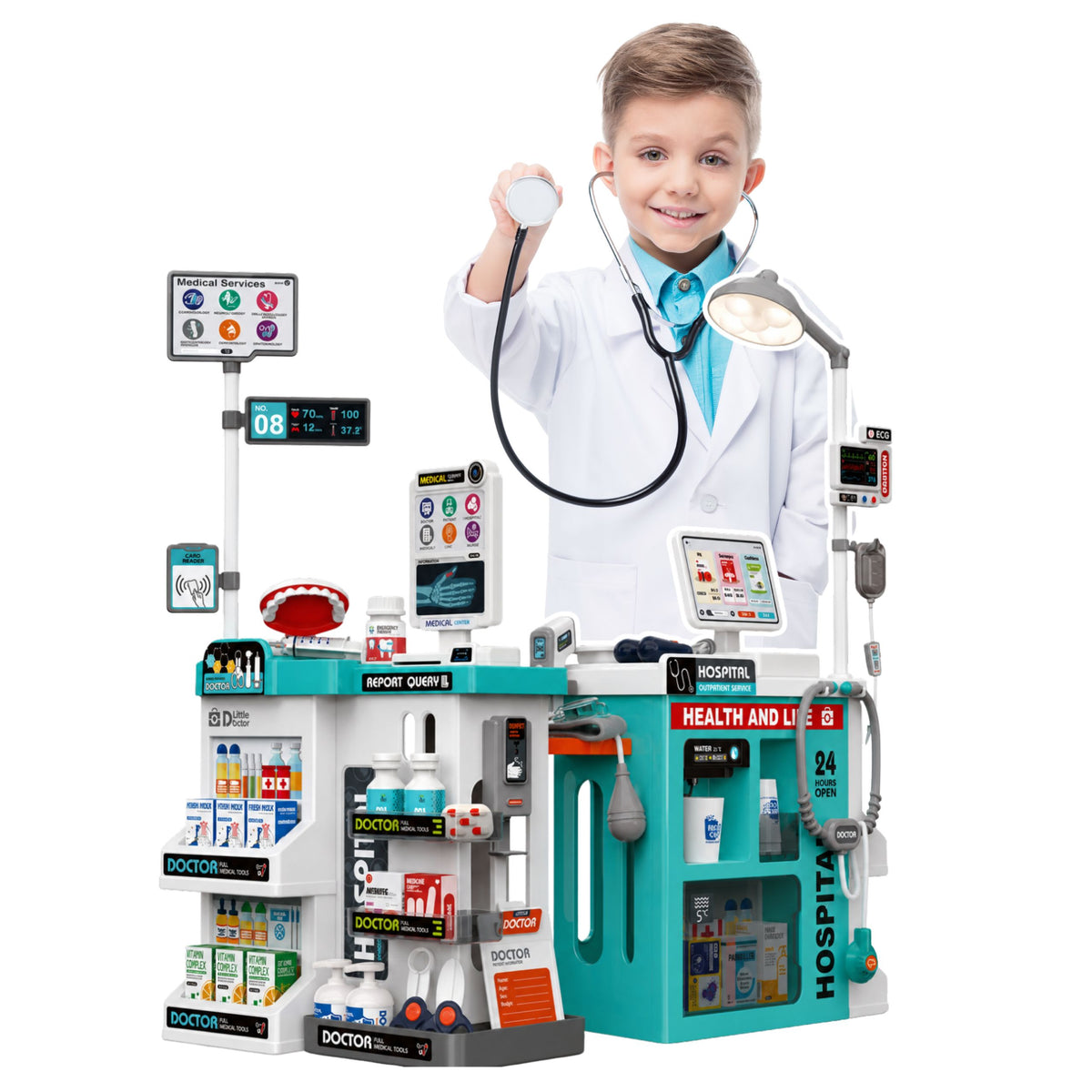 Grote medische set medische tafel dokter verlichting geluiden accessoires 77-delig.