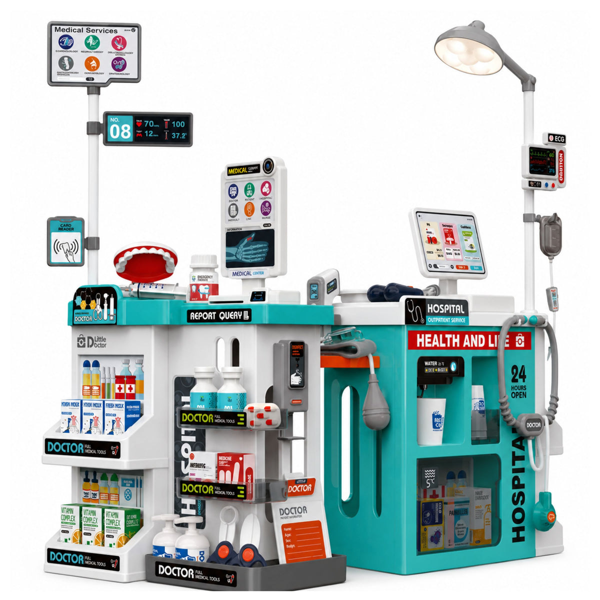 Grote medische set medische tafel dokter verlichting geluiden accessoires 77-delig.