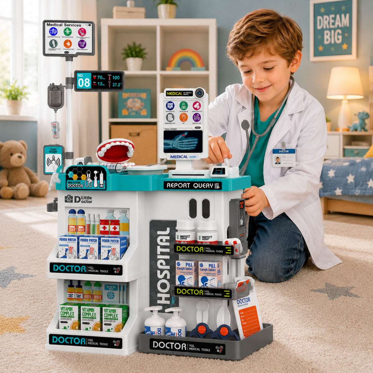 Grand ensemble médical Table médicale docteur lumières sons accessoires 61 pièces.