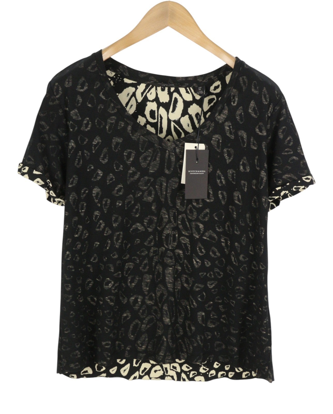 Scotch & Soda Дамска тениска, черна шарена V-образна деколте, къс ръкав