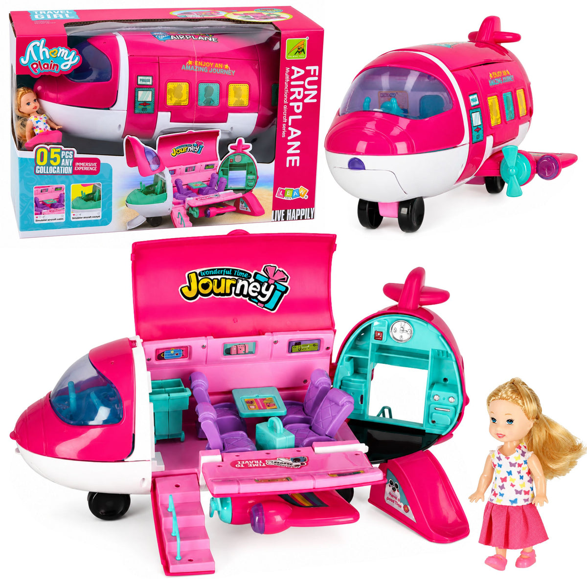 Foldable 2-in-1 Doll Passenger Plane Pink