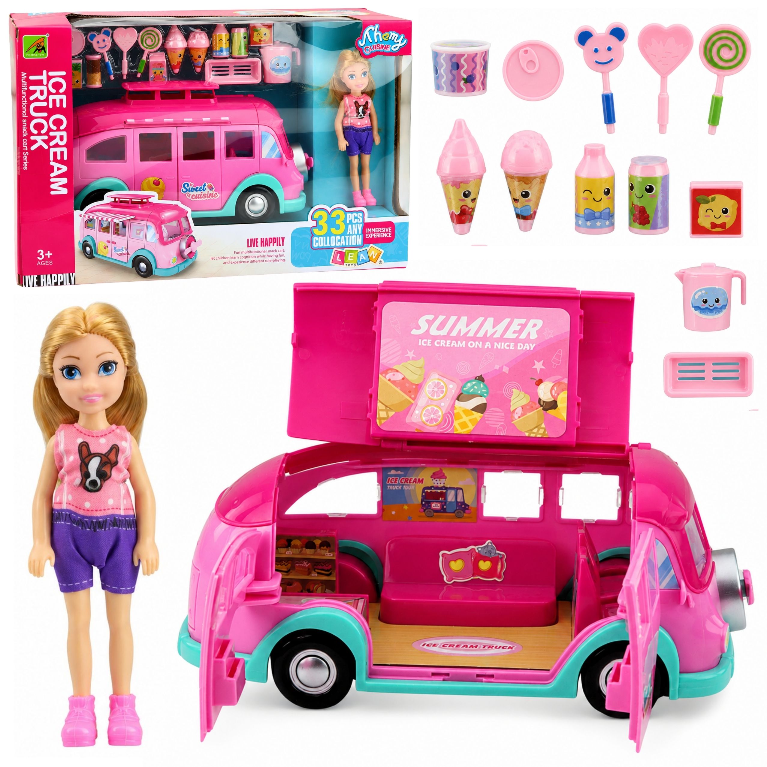 Ice Cream Food Truck Doll Car Bus Foldable Accessories Pink 33 Pcs.