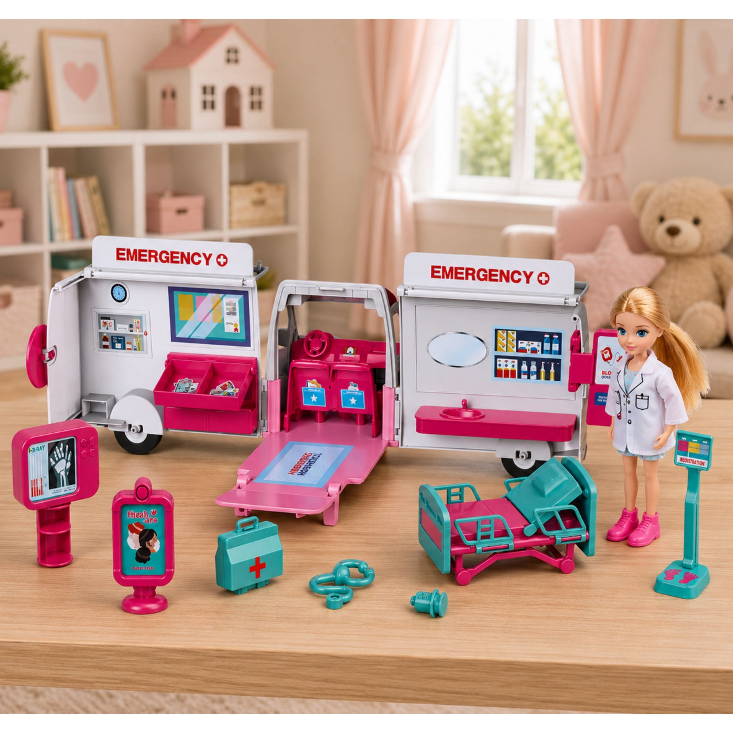 Foldable Ambulance For Dolls Hospital Mini Doll Accessories 11 Pcs.