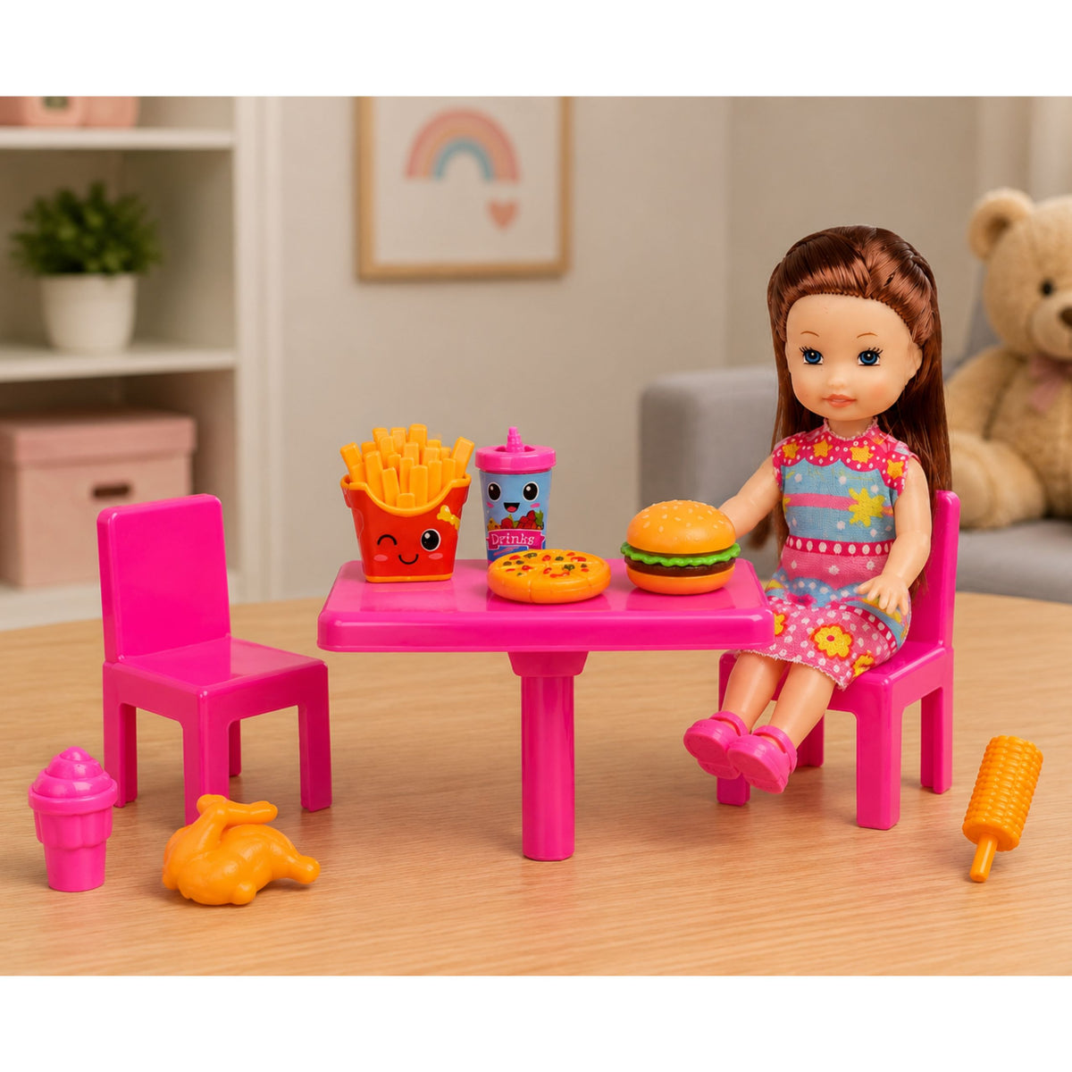 Mini Doll Fast Food Set Pizza Hamburger Tisch Stühle Zubehör
