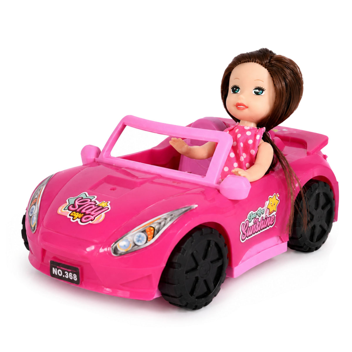 Mini Doll In A Convertible Car Set With Dog Figurine Pink