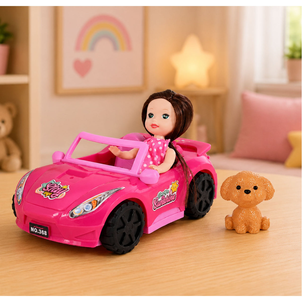 Mini Doll In A Convertible Car Set With Dog Figurine Pink