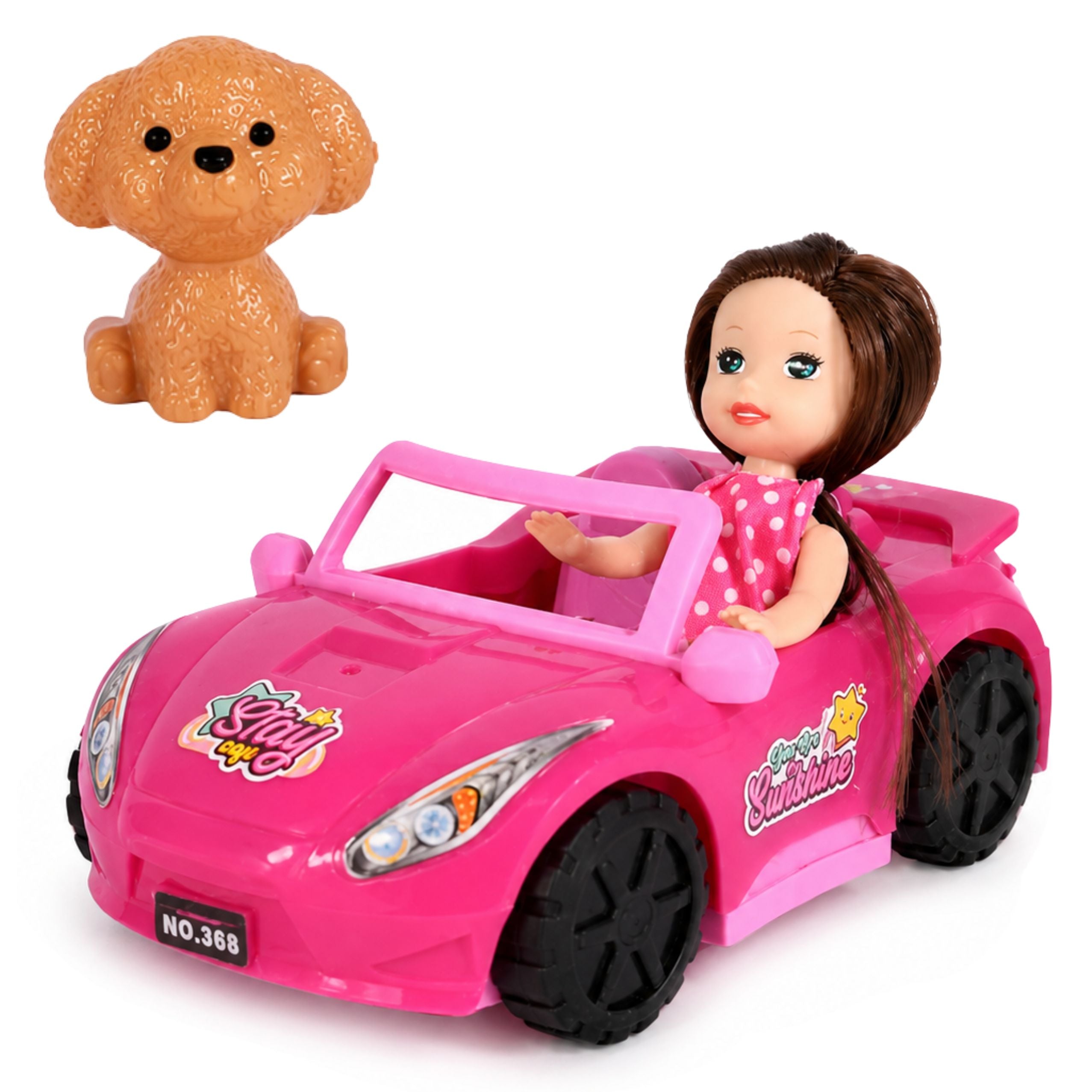 Mini Doll In A Convertible Car Set With Dog Figurine Pink