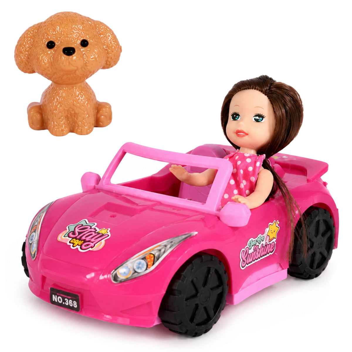 Mini Doll In A Convertible Car Set With Dog Figurine Pink