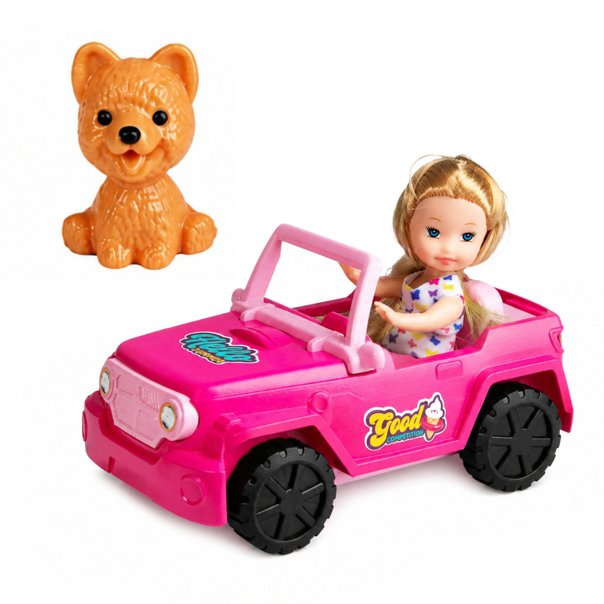 Mini lalka w kabriolecie w samochodzie terenowym z figurką psa