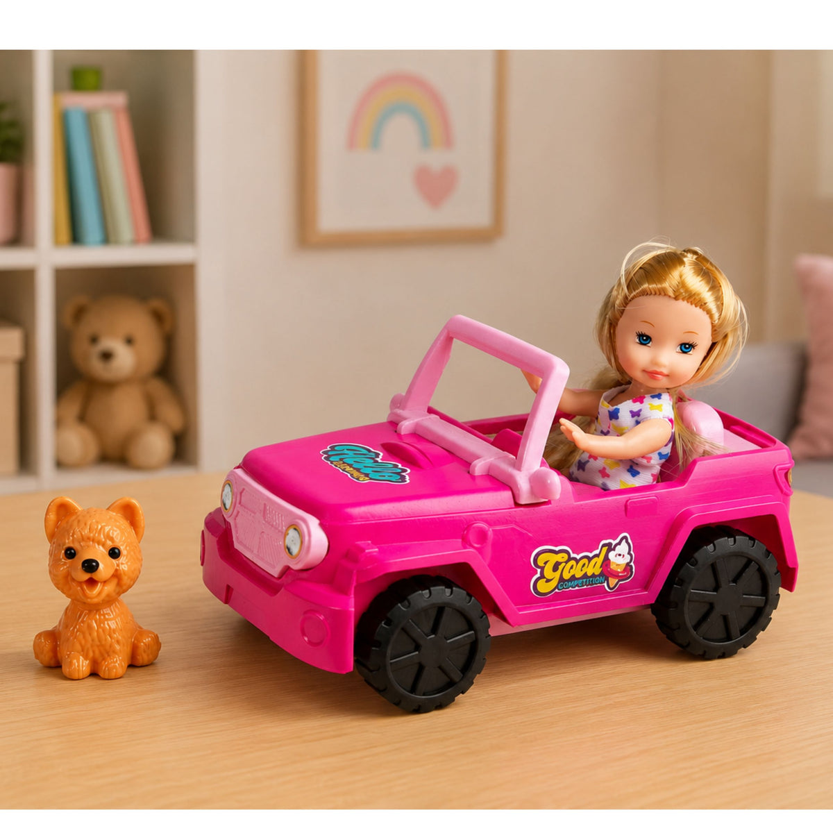 Mini lalka w kabriolecie w samochodzie terenowym z figurką psa